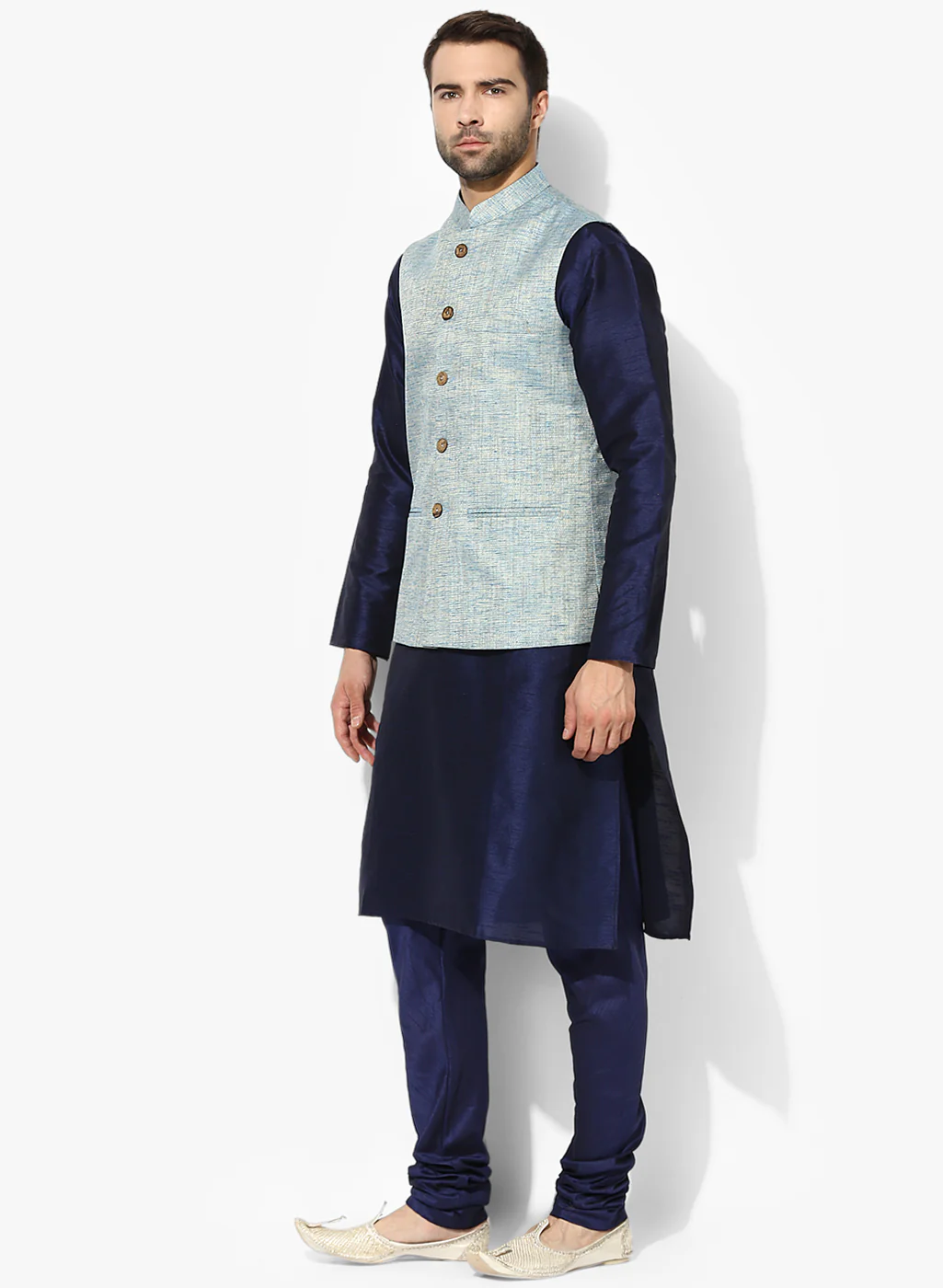 Men's Blue Self Design Kurta Jacket Churidar Set