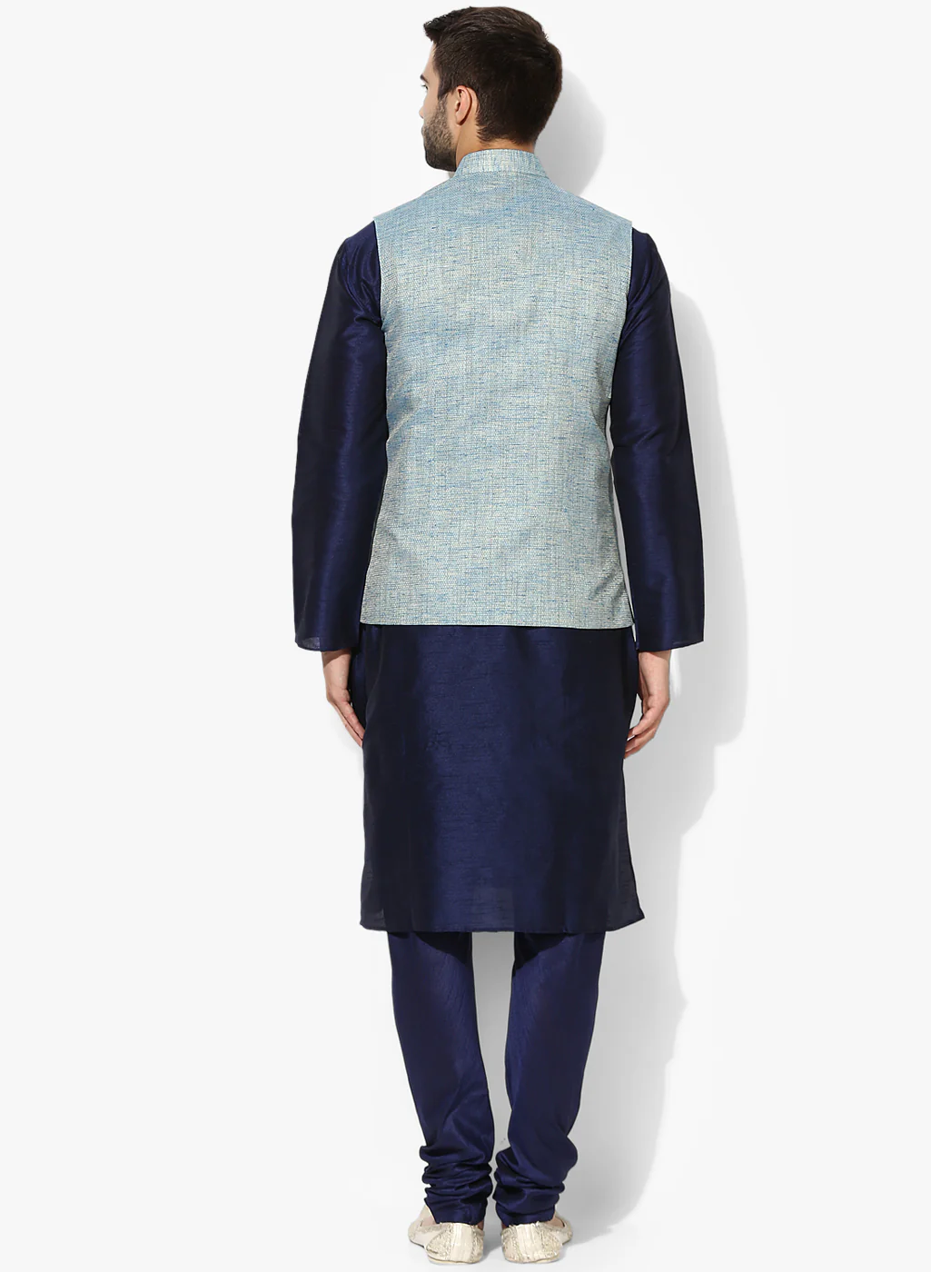 Men's Blue Self Design Kurta Jacket Churidar Set - Image 4