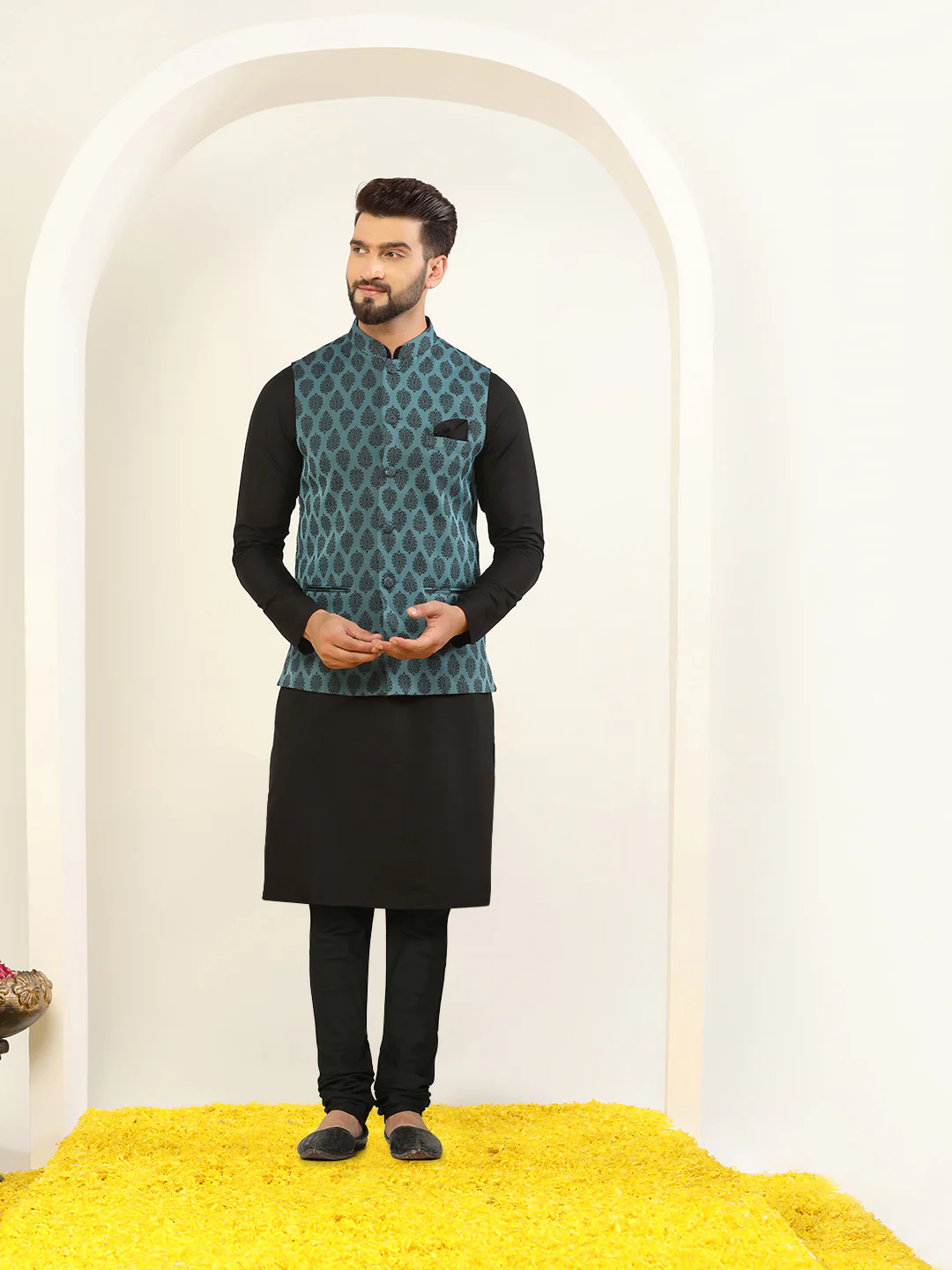 Black Cotton Printed Nehru Jacket Kurta Churidar
