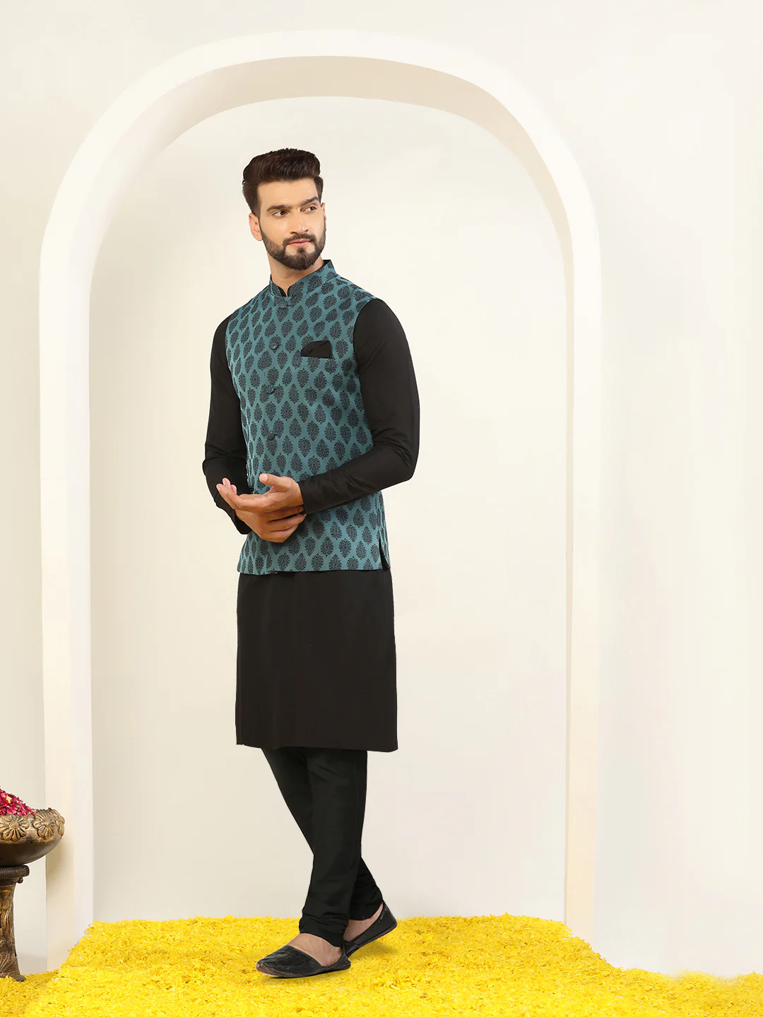 Black Cotton Printed Nehru Jacket Kurta Churidar - Image 3