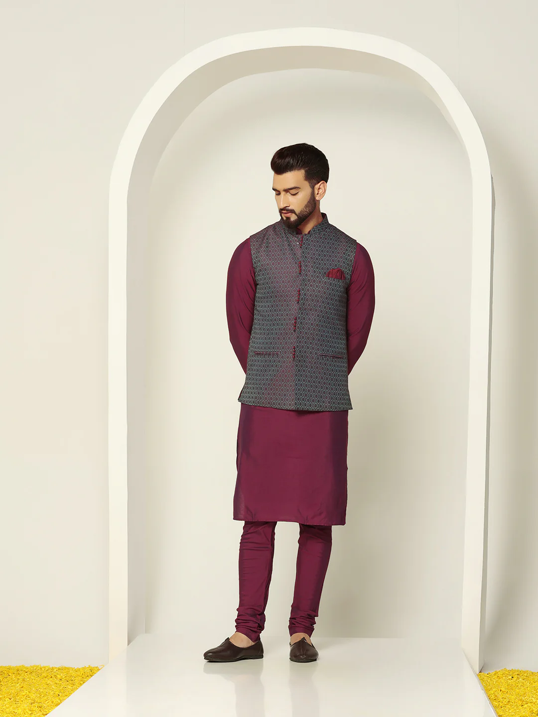 Wine Kurta with Grey Jacquard Jacket & Churidar