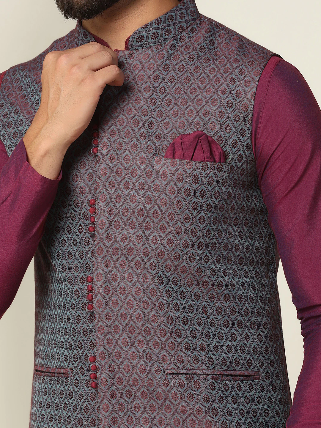 Wine Kurta with Grey Jacquard Jacket & Churidar - Image 6