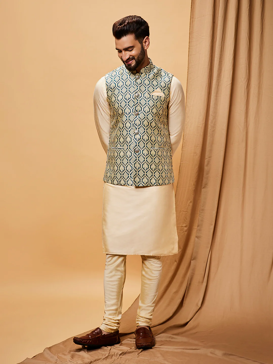 Cream Silk Blend Green Textured Nehru Jacket Kurta Set