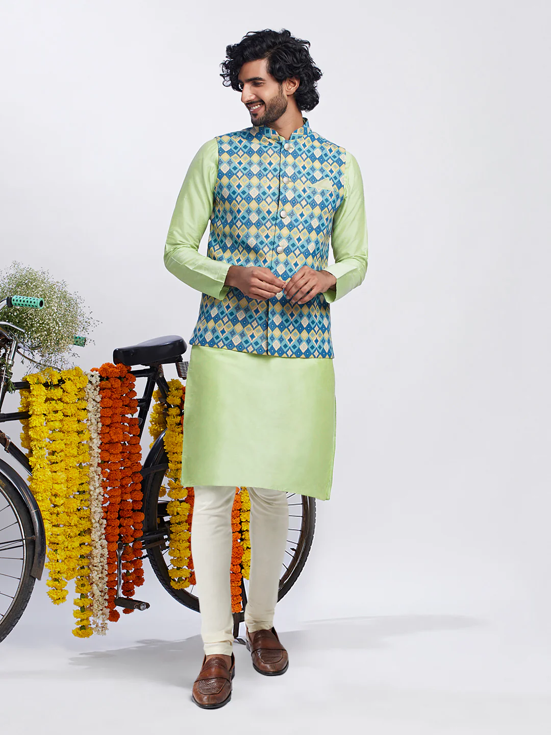 Kisah Men's Blue Kurta Jacket Churidar Set