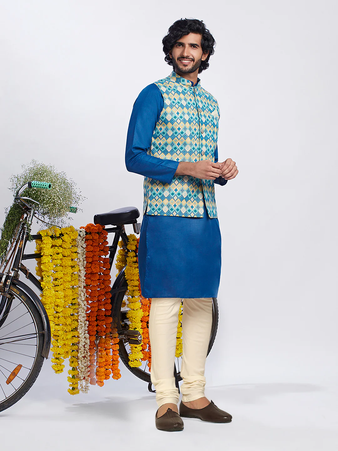 Men's Blue Kurta Jacket Churidar Set - Image 2