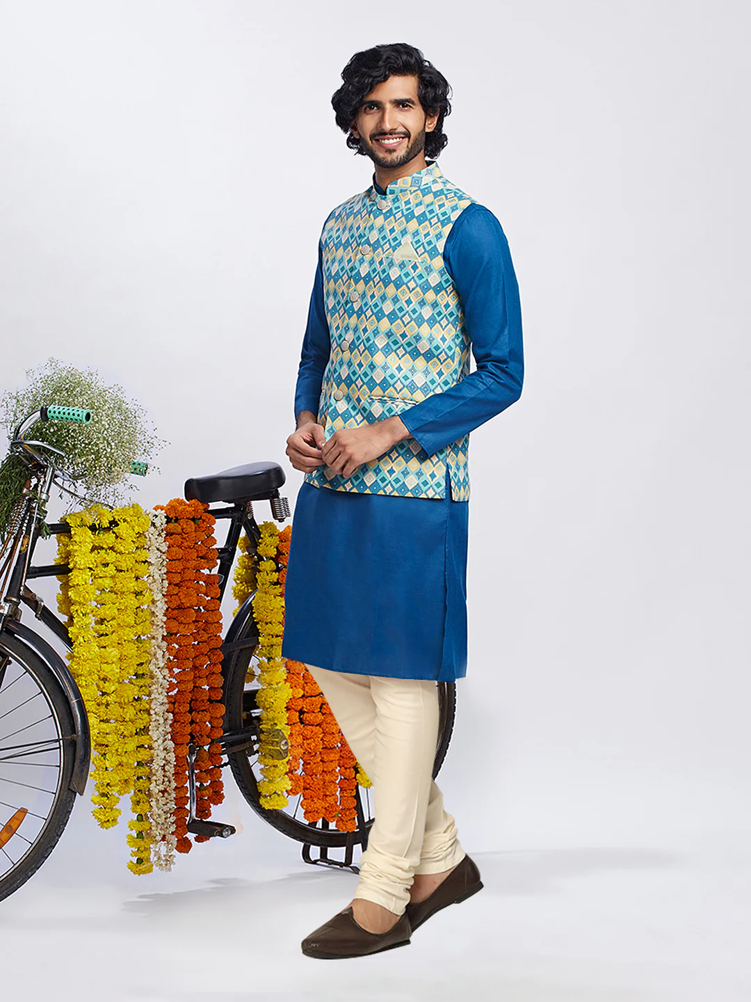 Men's Blue Kurta Jacket Churidar Set - Image 3