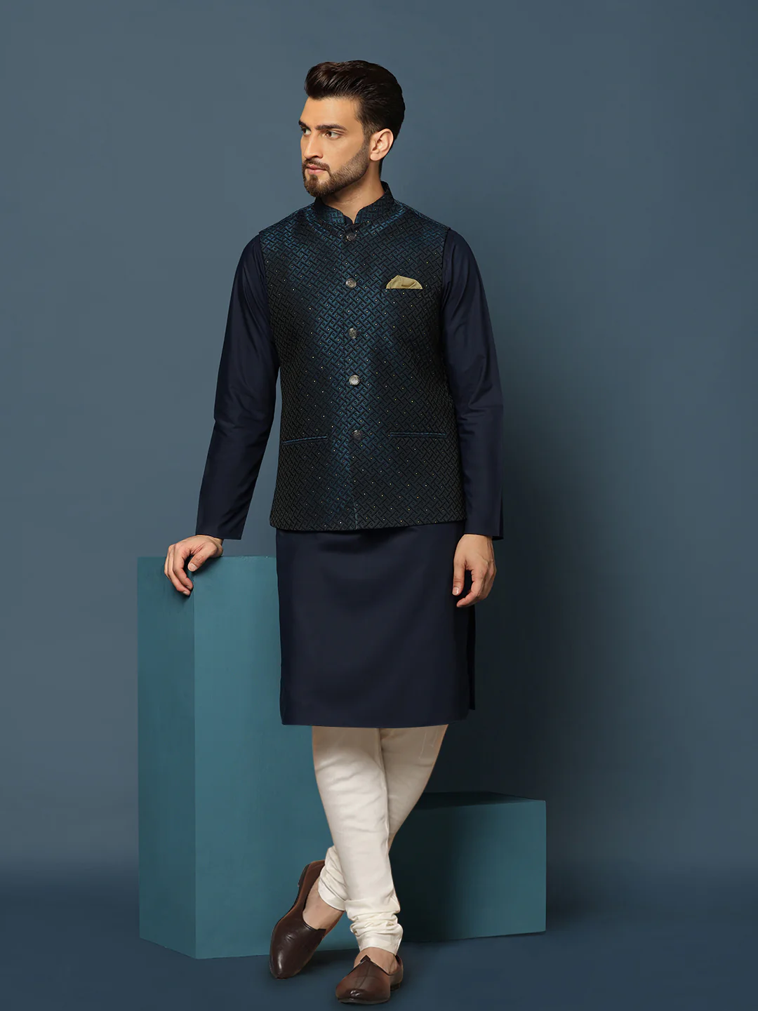 Navy Blue Embellished Nehru Jacket Kurta Set - Image 8