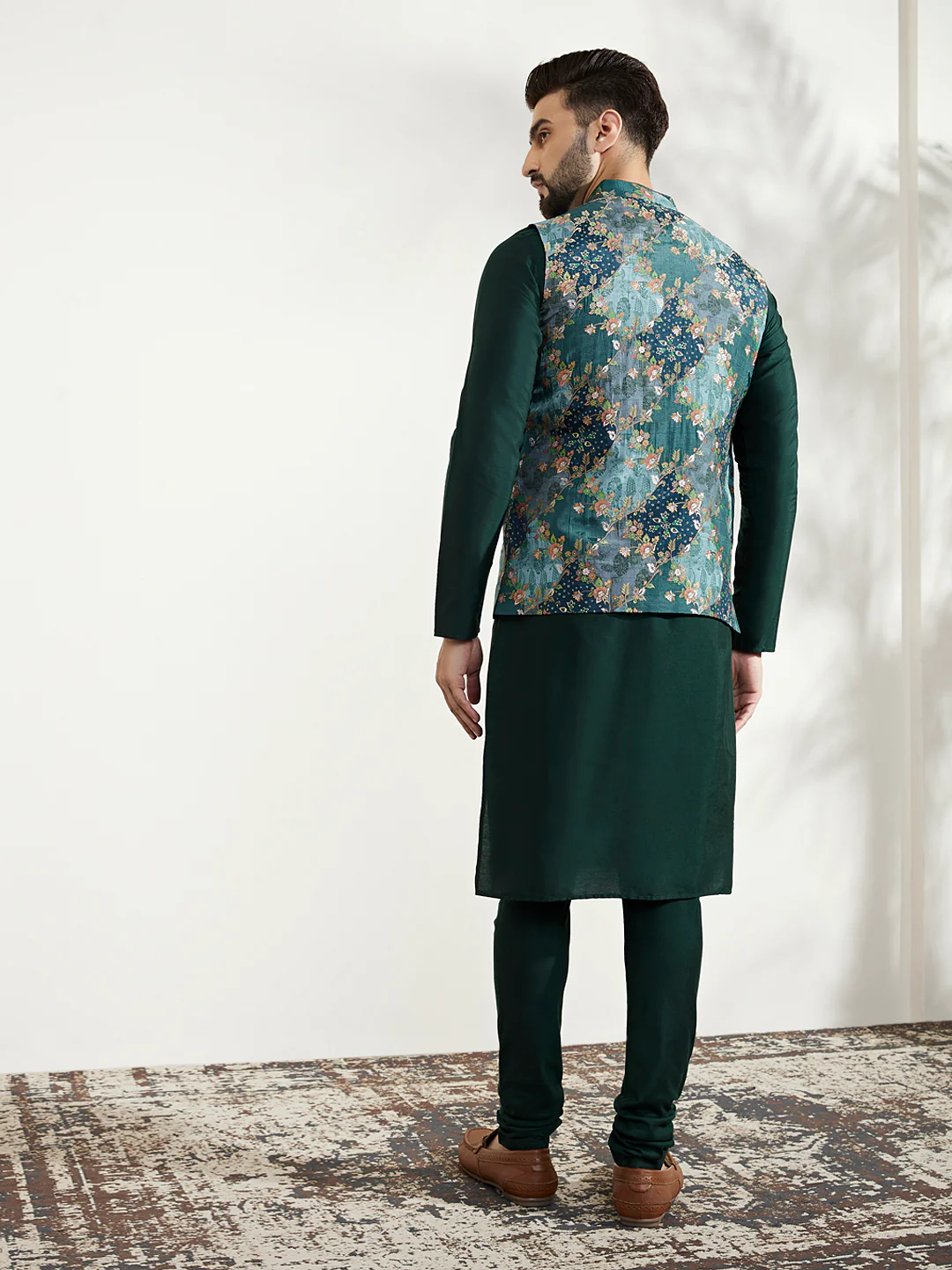 Dark Green Silk Blend Floral Nehru Jacket Kurta Set - Image 4