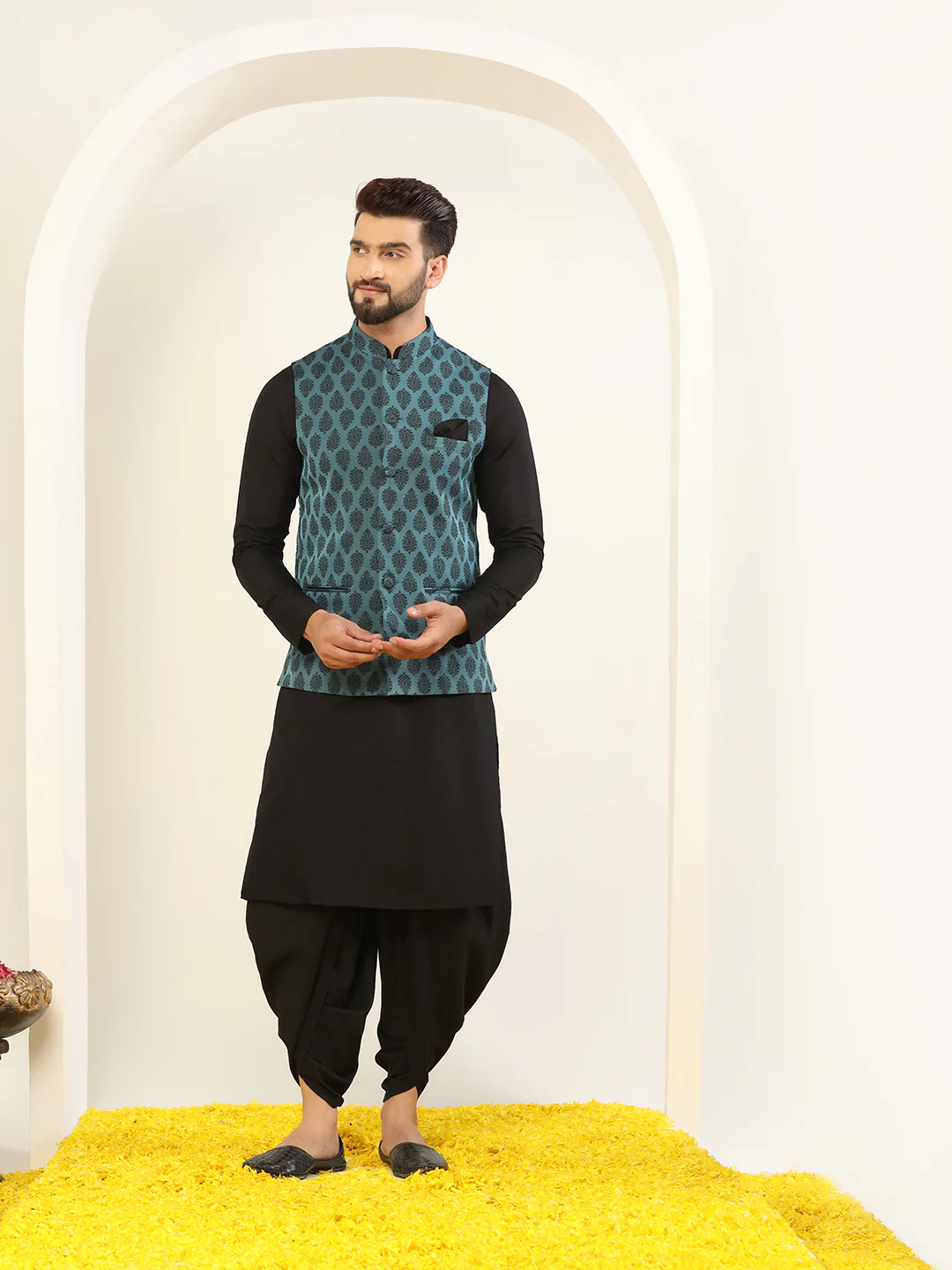 Black Cotton Printed Nehru Jacket Kurta Dhoti Set