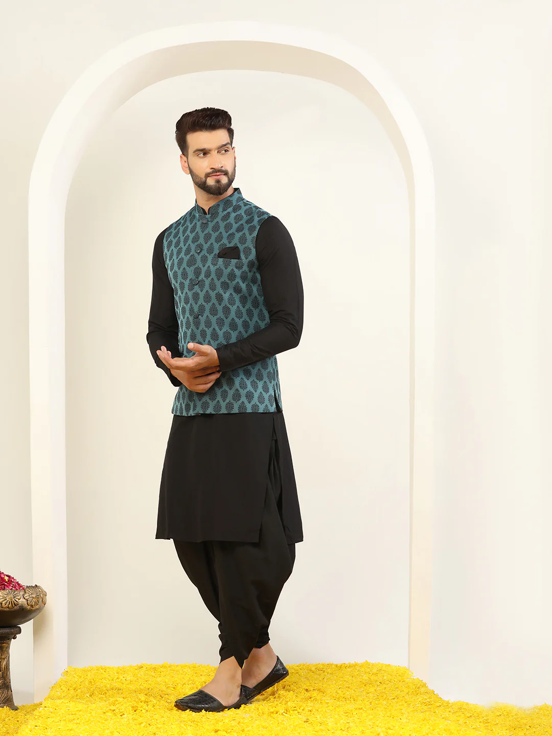 Black Cotton Printed Nehru Jacket Kurta Dhoti Set - Image 3