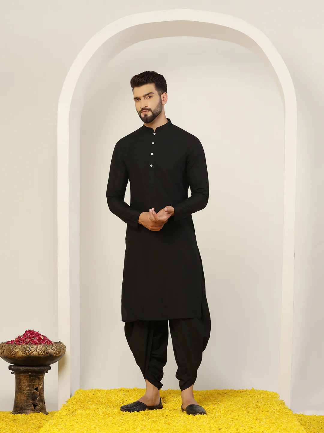 Black Cotton Printed Nehru Jacket Kurta Dhoti Set - Image 5