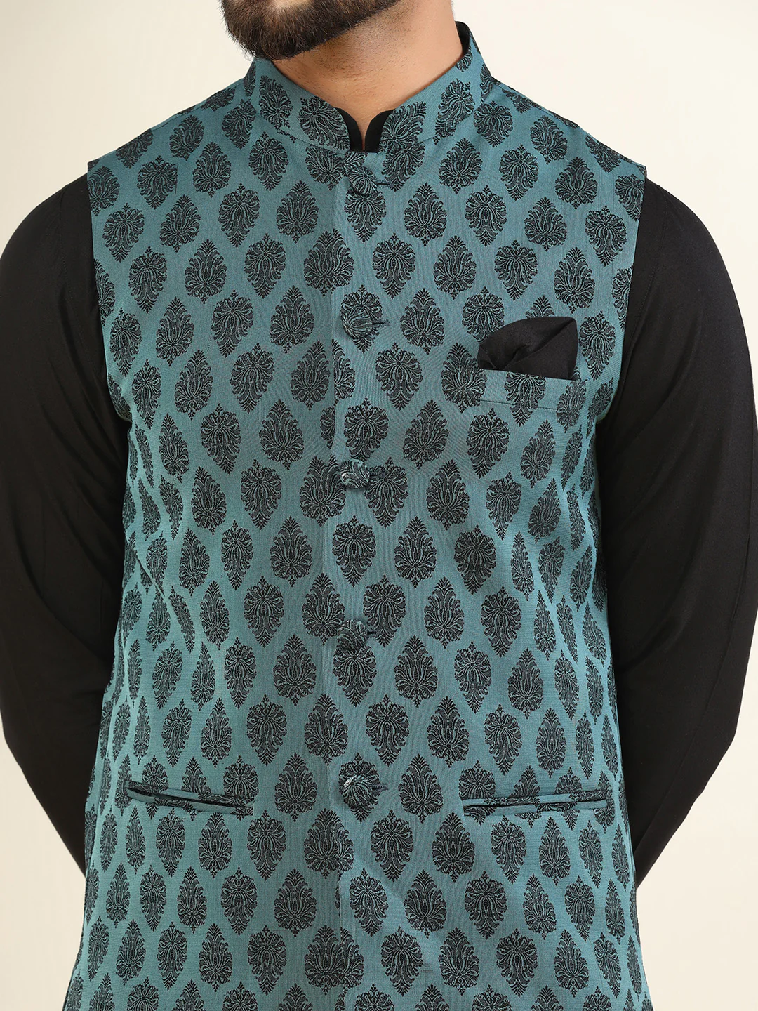 Black Cotton Printed Nehru Jacket Kurta Dhoti Set - Image 6