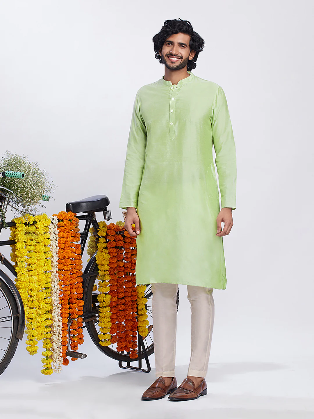 Light Green Silk Blend Textured Nehru Jacket Kurta Set - Image 5