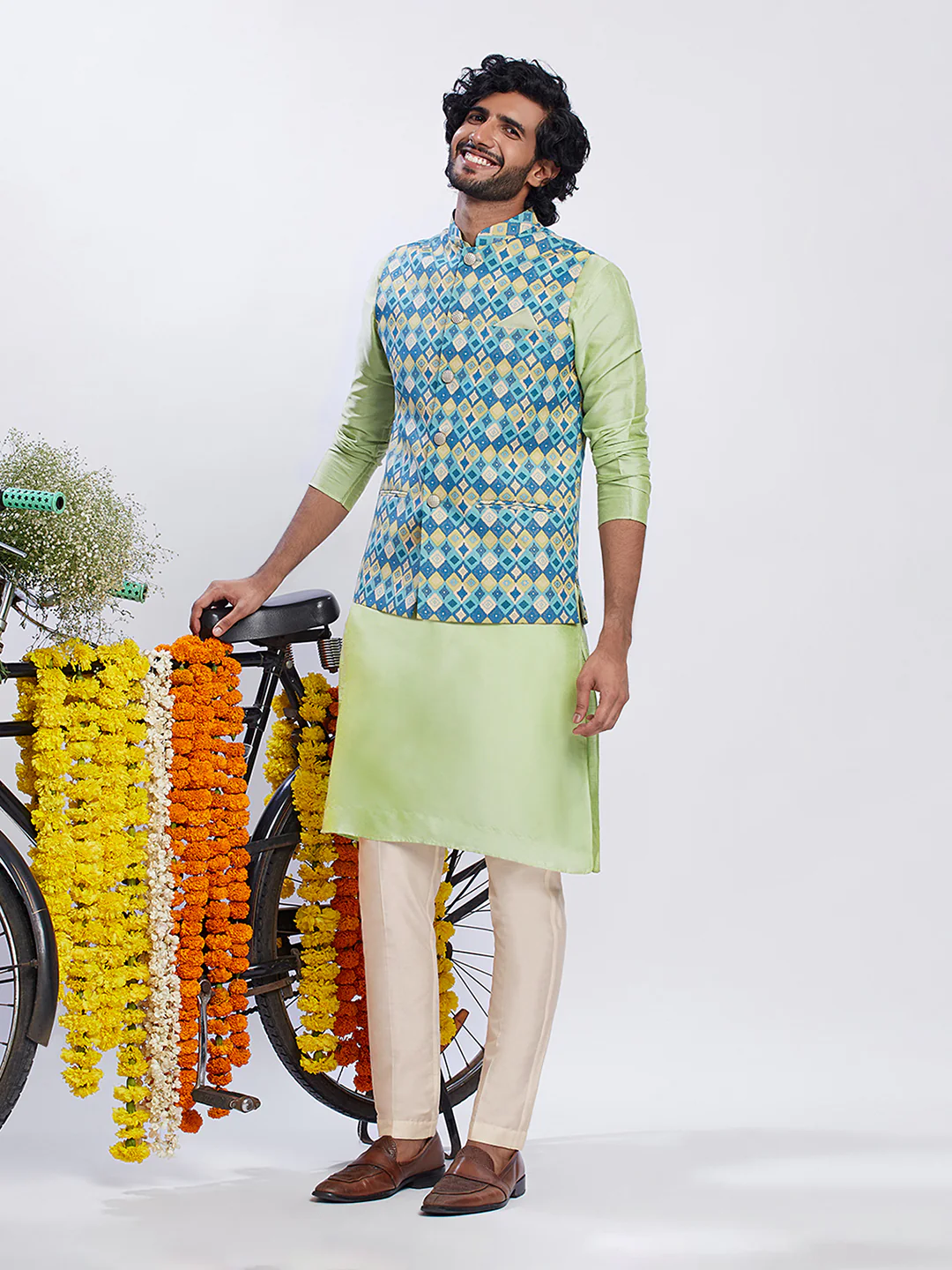 Light Green Silk Blend Textured Nehru Jacket Kurta Set - Image 8