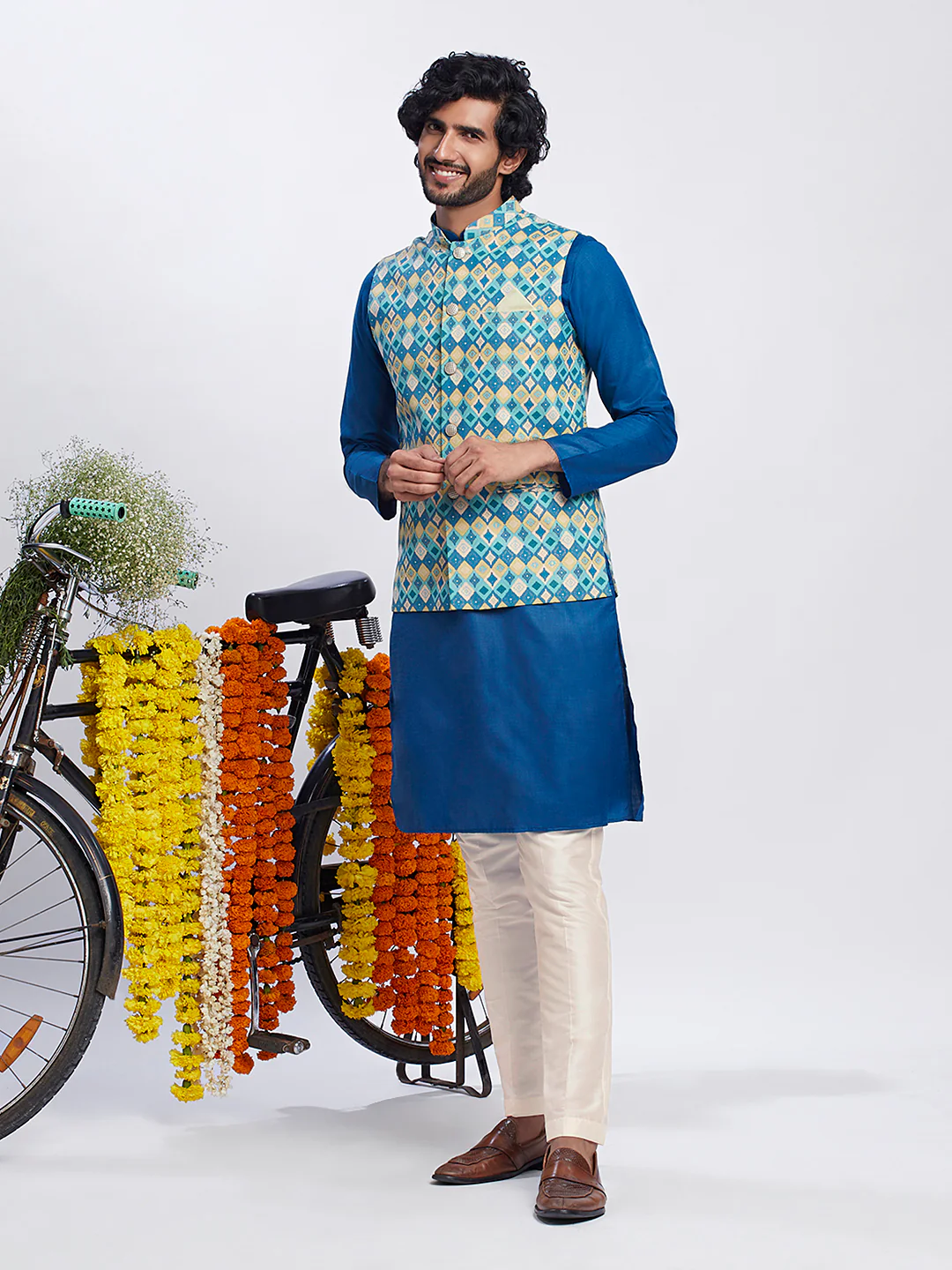 Men's Blue Kurta Jacket Trouser Set - Image 2