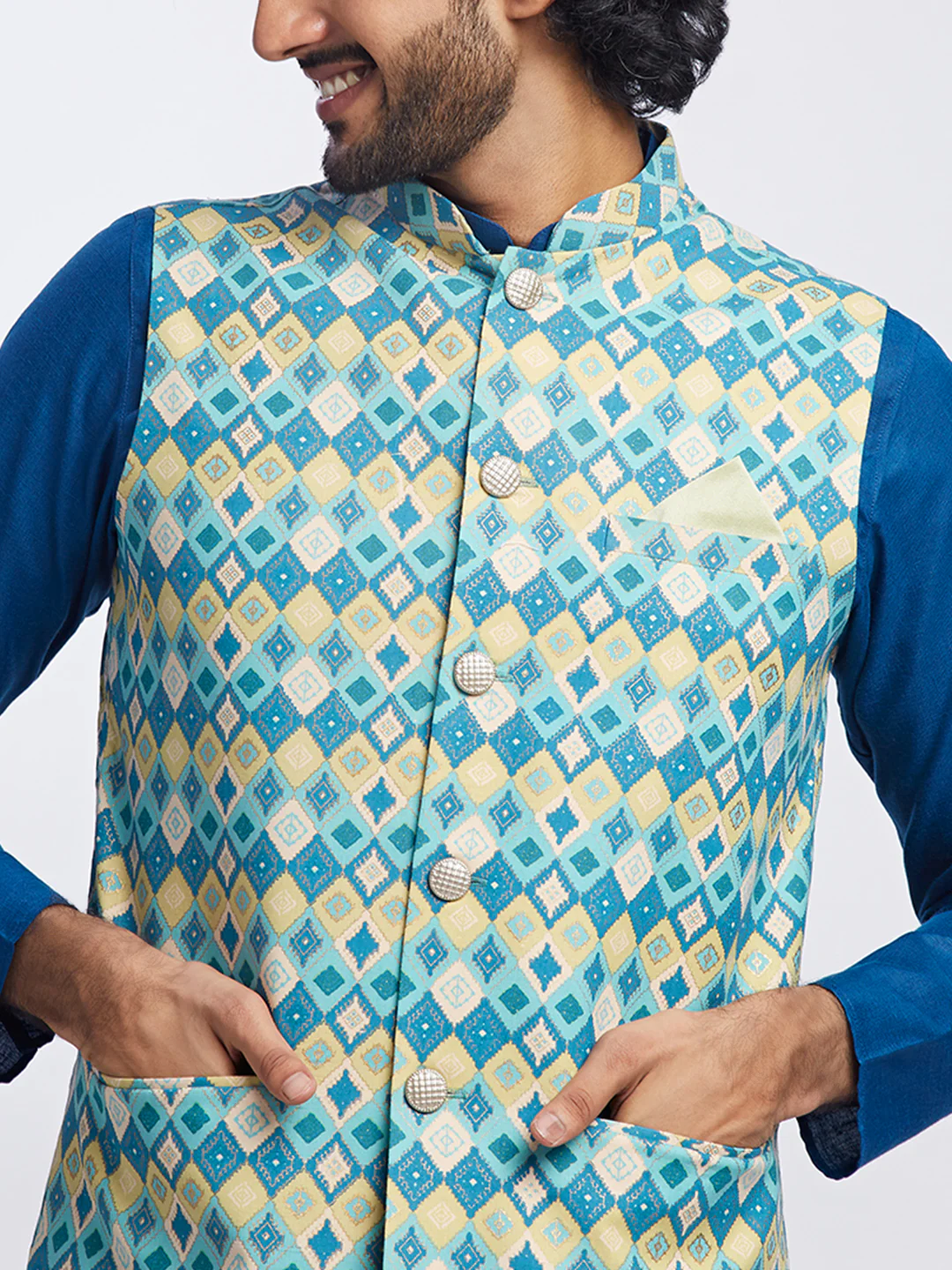 Men's Blue Kurta Jacket Trouser Set - Image 7