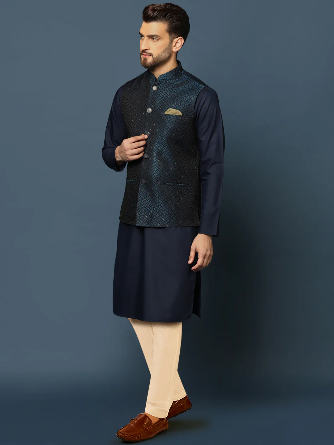 Navy Blue Jacket Kurta Trouser Set - Image 3