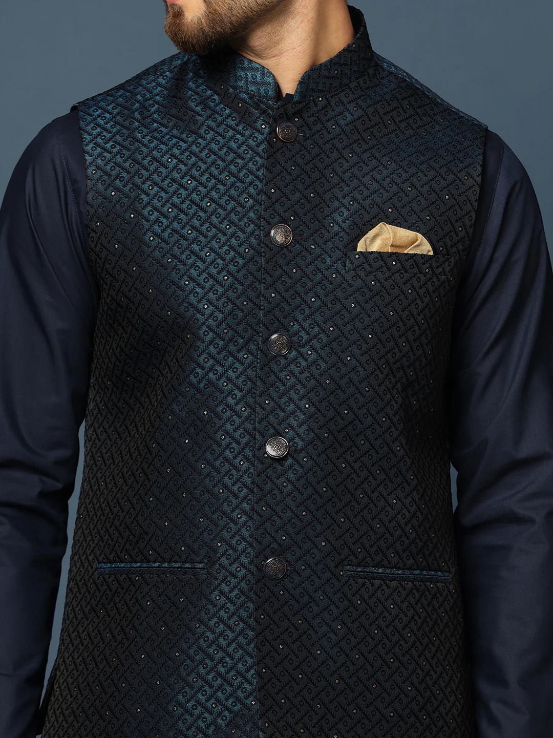 Navy Blue Jacket Kurta Trouser Set - Image 6