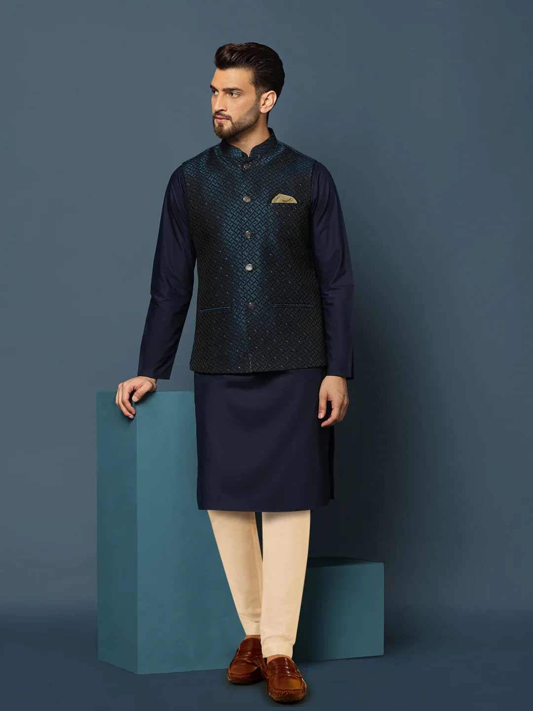 Navy Blue Jacket Kurta Trouser Set - Image 8