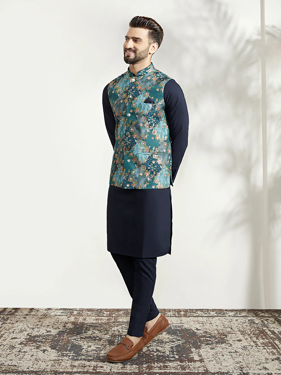 Blue Silk Printed Nehru Jacket Kurta Trouser Set - Image 4