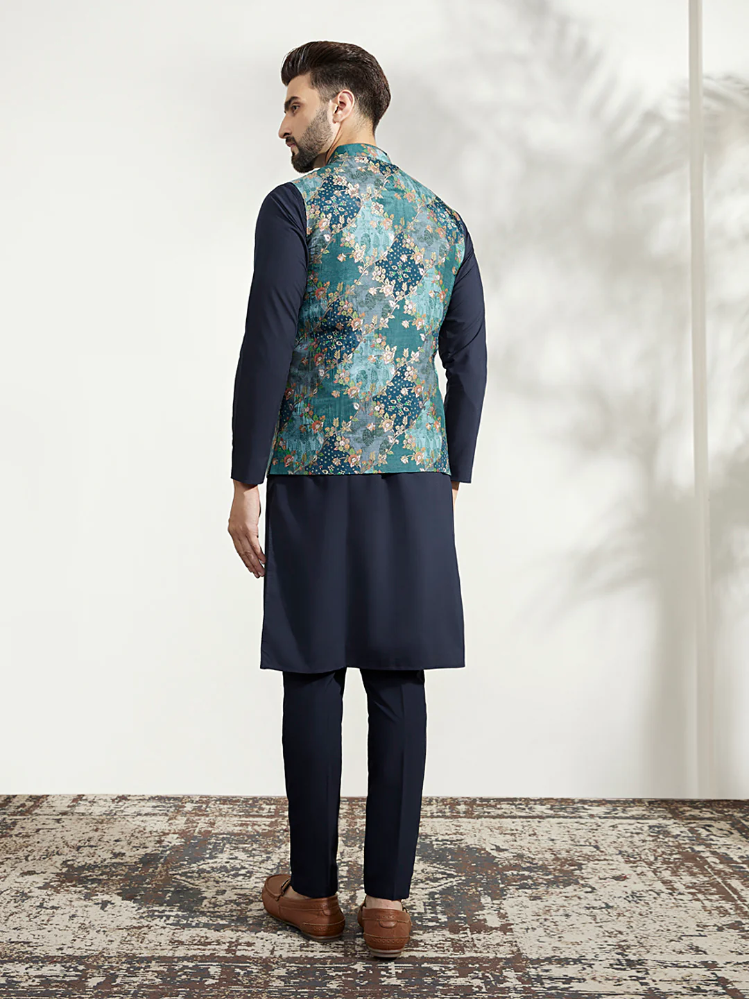 Blue Silk Printed Nehru Jacket Kurta Trouser Set - Image 5