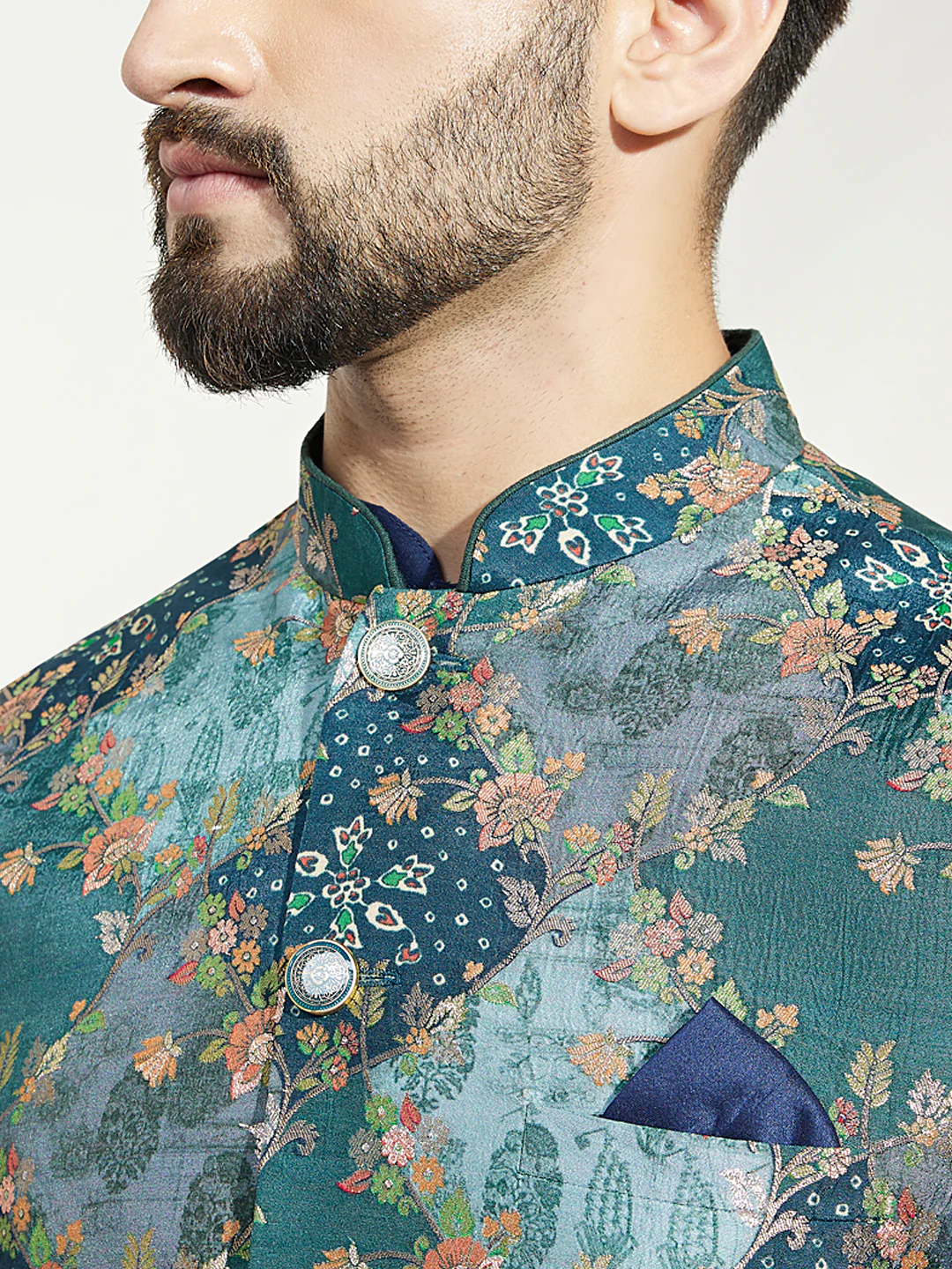 Blue Silk Printed Nehru Jacket Kurta Trouser Set - Image 7