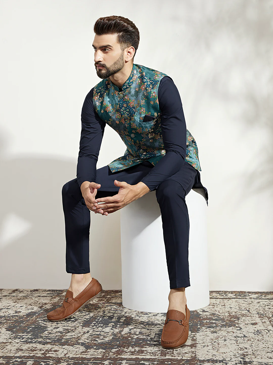 Blue Silk Printed Nehru Jacket Kurta Trouser Set - Image 9