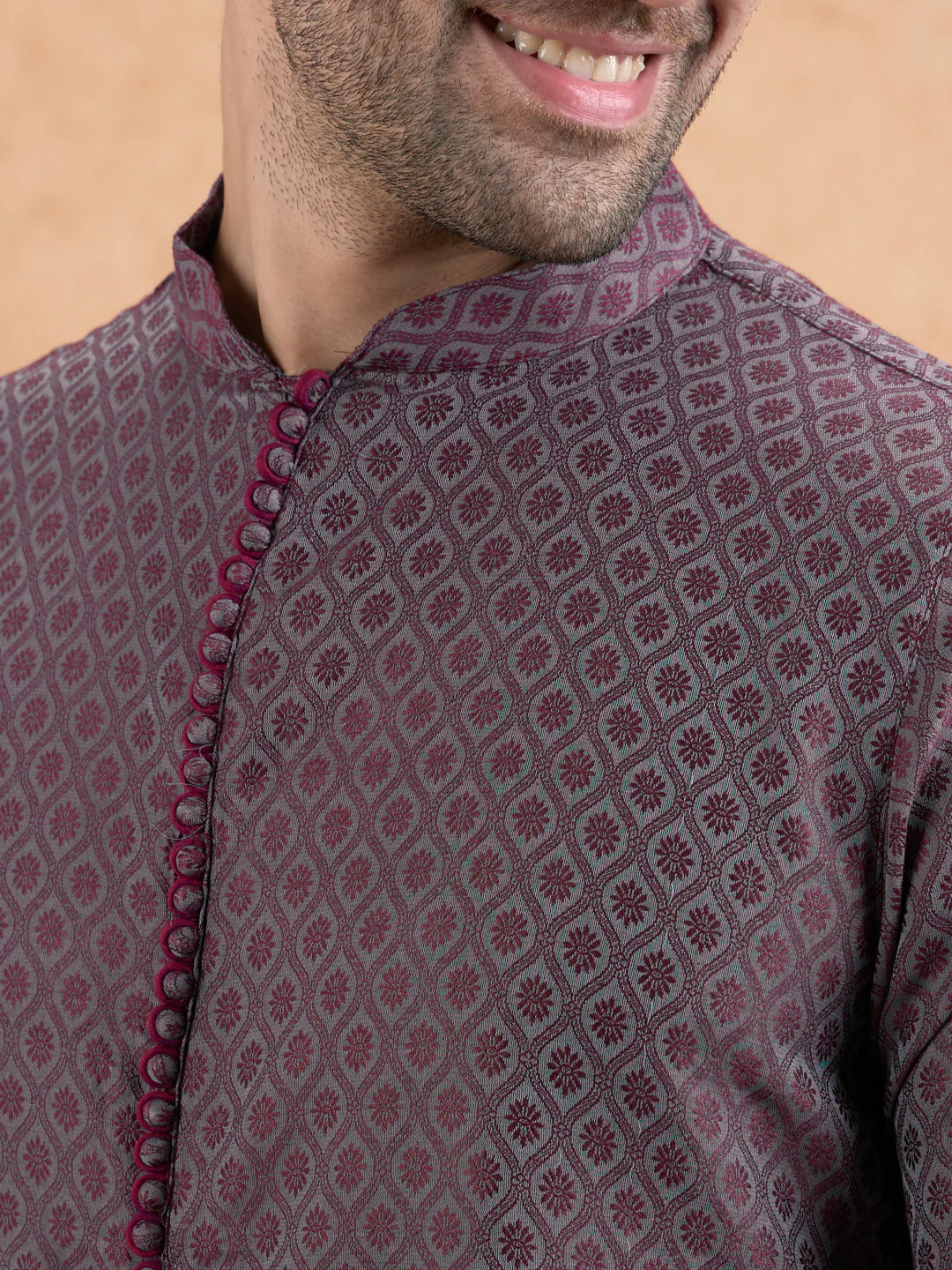 Maroon Silk Blend Geometric Long Kurta - Image 2