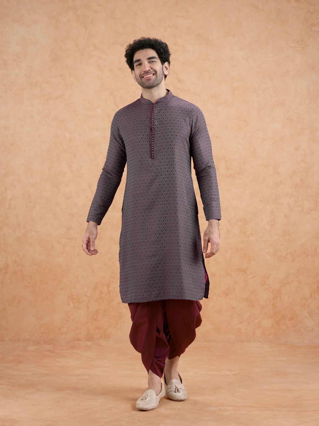 Maroon Silk Blend Geometric Long Kurta - Image 6