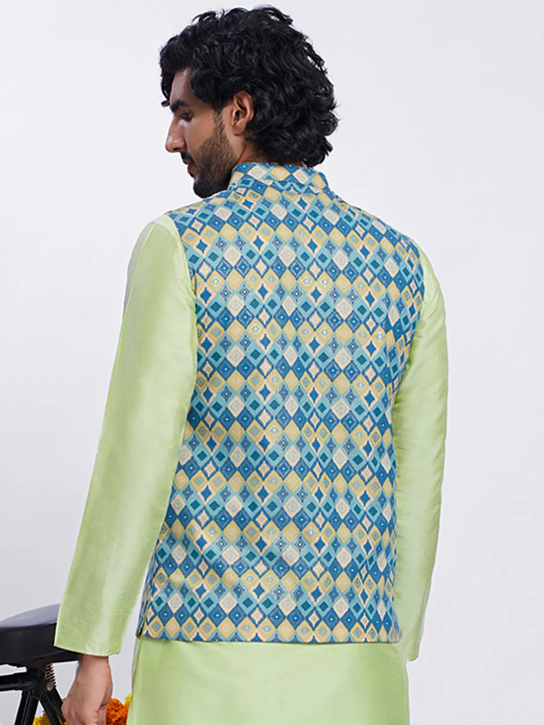Blue Silk Blend Jacquard Nehru Jacket with Diamond Motifs - Image 4