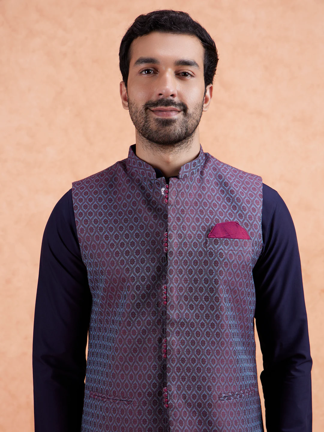 Maroon Silk Blend Geometric Nehru Jacket - Image 2