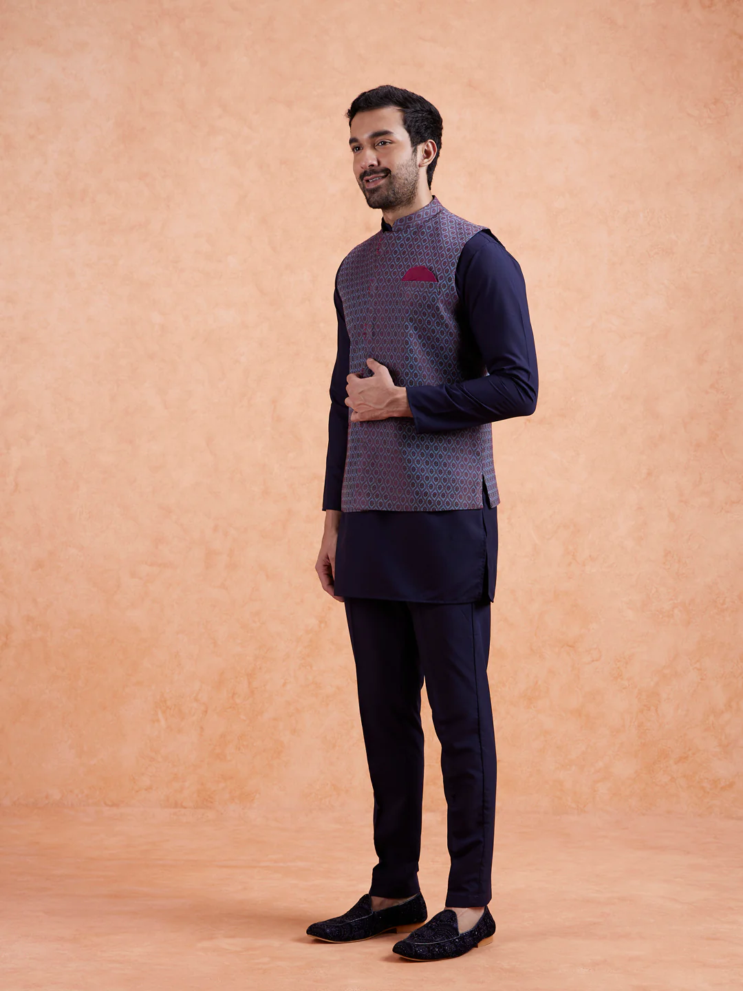 Maroon Silk Blend Geometric Nehru Jacket - Image 3