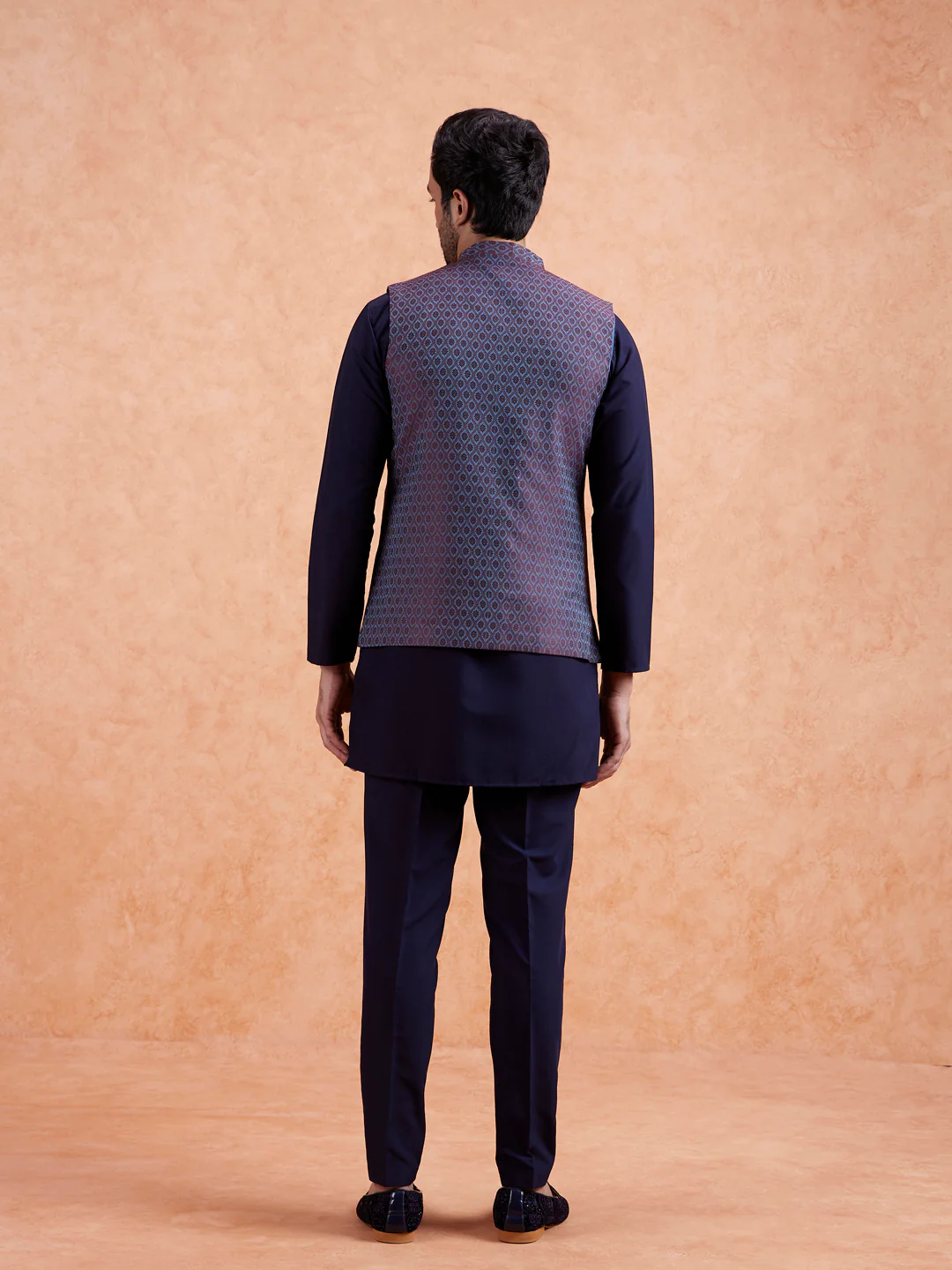 Maroon Silk Blend Geometric Nehru Jacket - Image 5