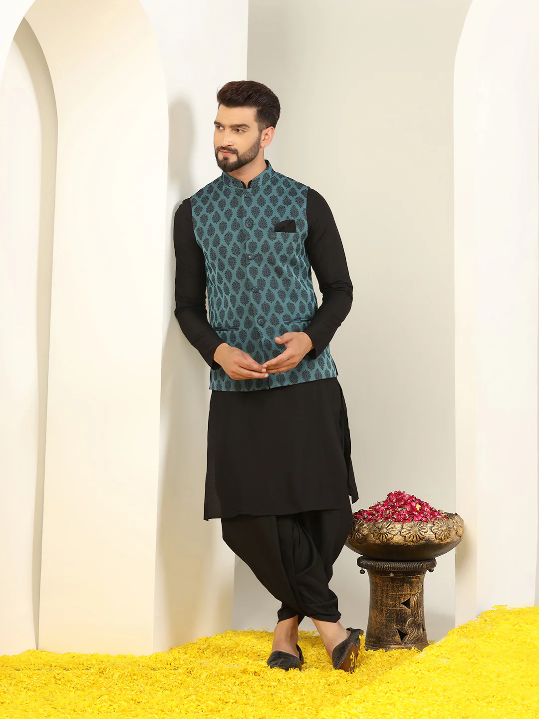 Teal Blue Silk Blend Jacquard Nehru Jacket - Image 6