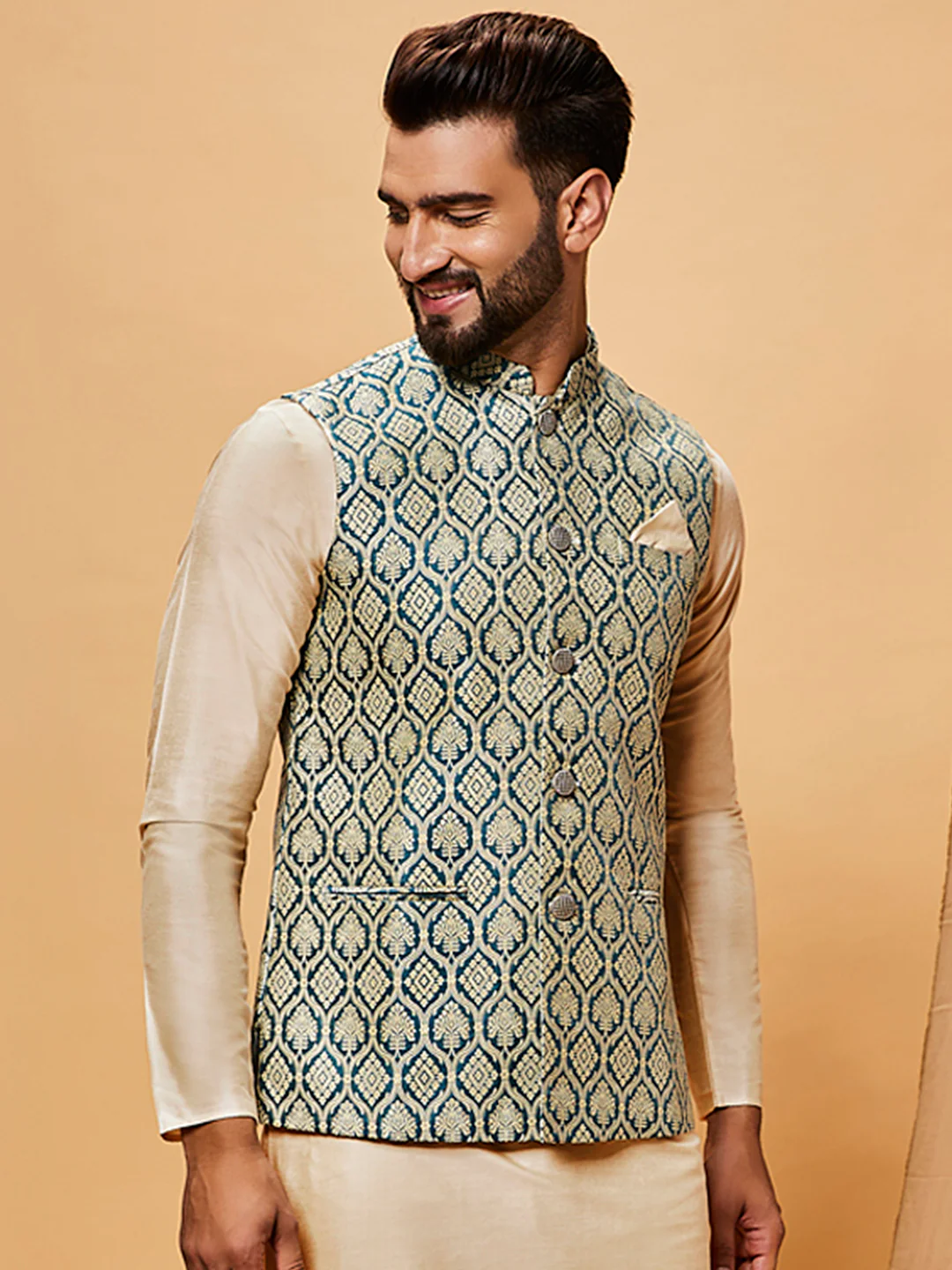 Blue Beige Cotton Silk Textured Nehru Jacket - Image 2