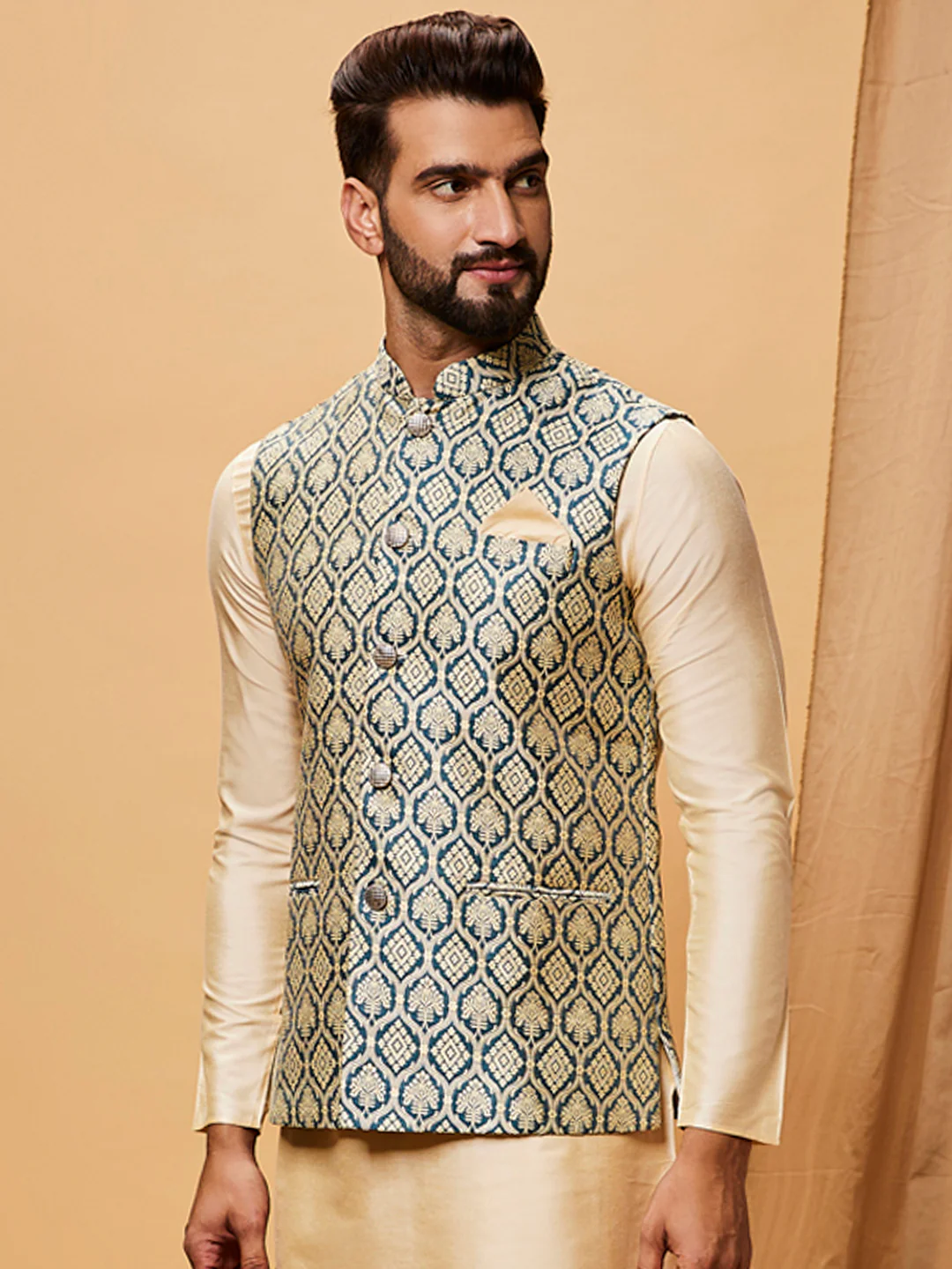 Blue Beige Cotton Silk Textured Nehru Jacket - Image 3