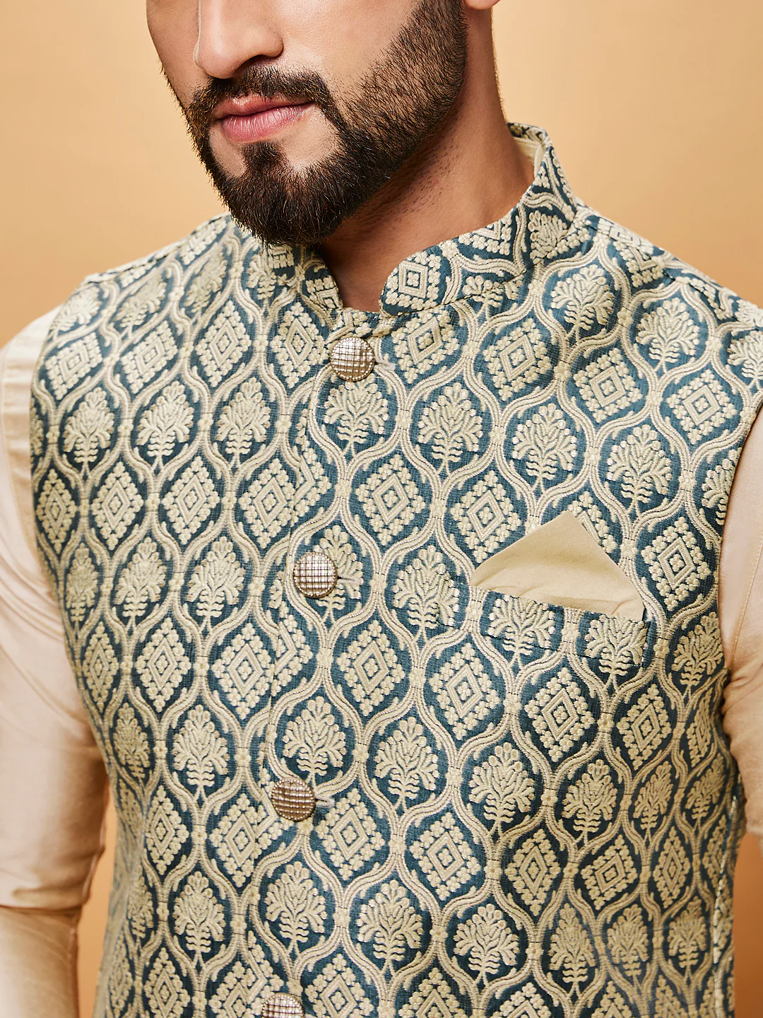 Blue Beige Cotton Silk Textured Nehru Jacket - Image 5