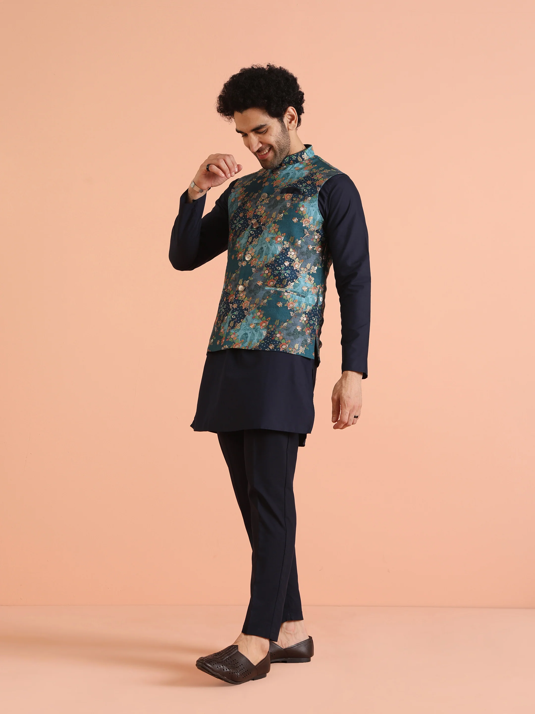 Teal Blue Cotton Silk Floral Nehru Jacket - Image 7