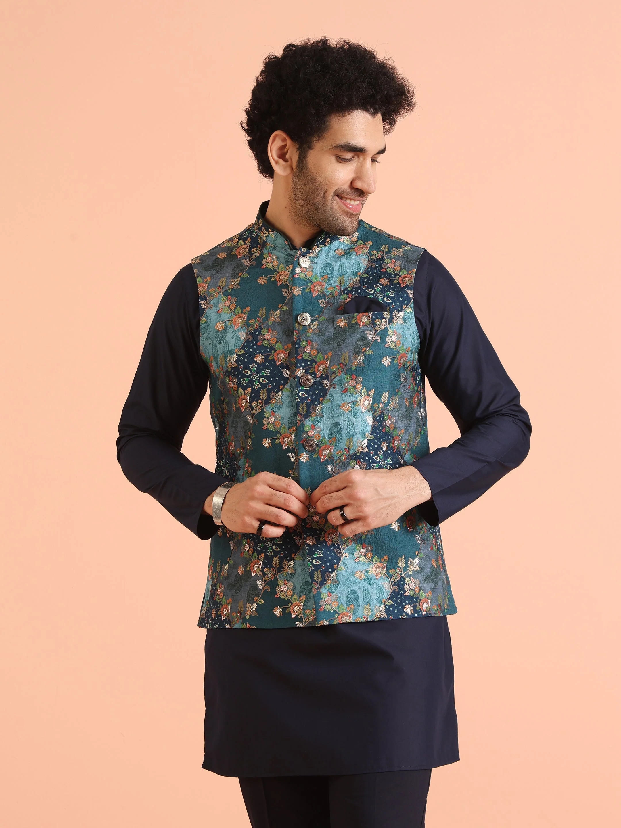 Teal Blue Cotton Silk Floral Nehru Jacket - Image 8