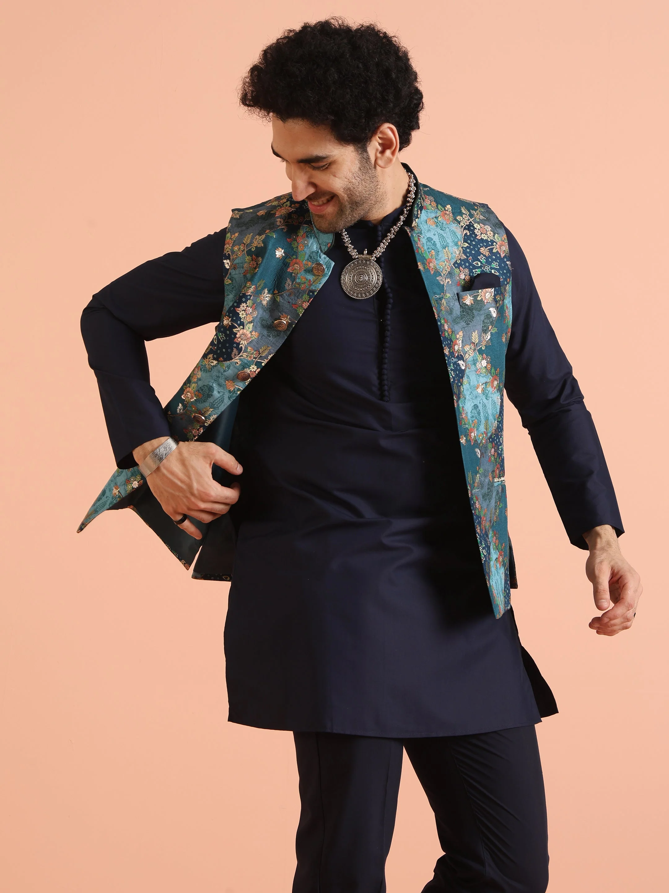Teal Blue Cotton Silk Floral Nehru Jacket - Image 9