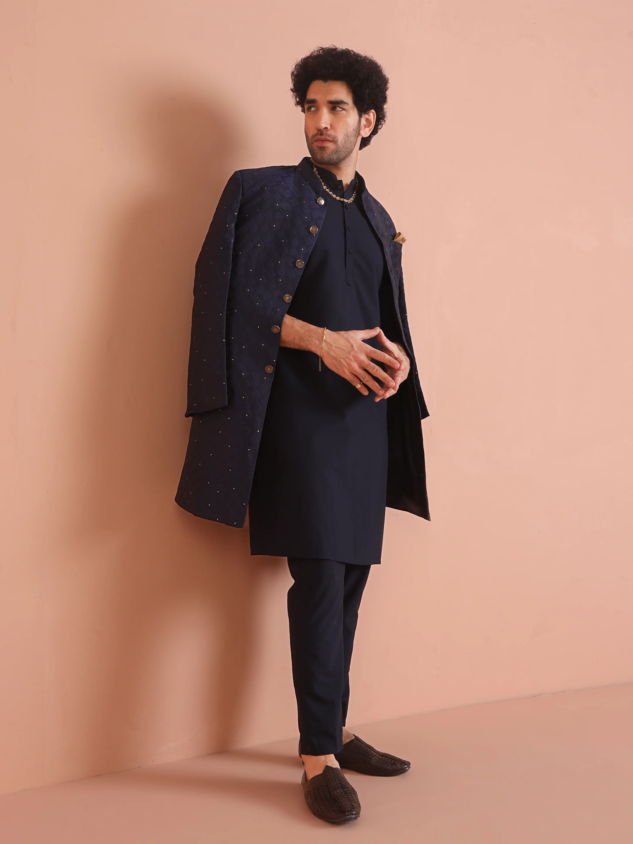 Men Navy Blue Textured Kurta Indowestern Trouser Set