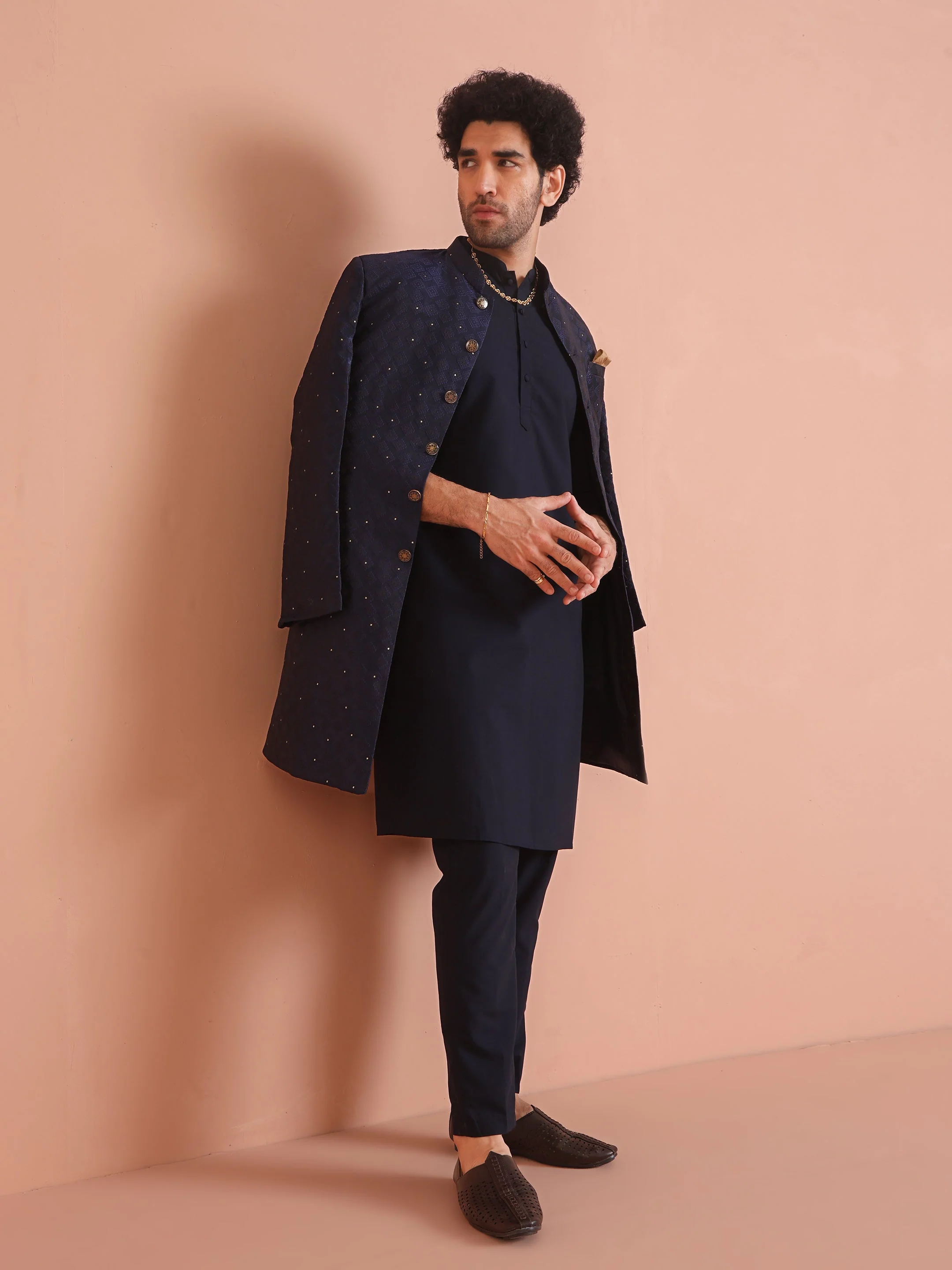 Men Navy Blue Textured Kurta Indowestern Trouser Set - Image 10