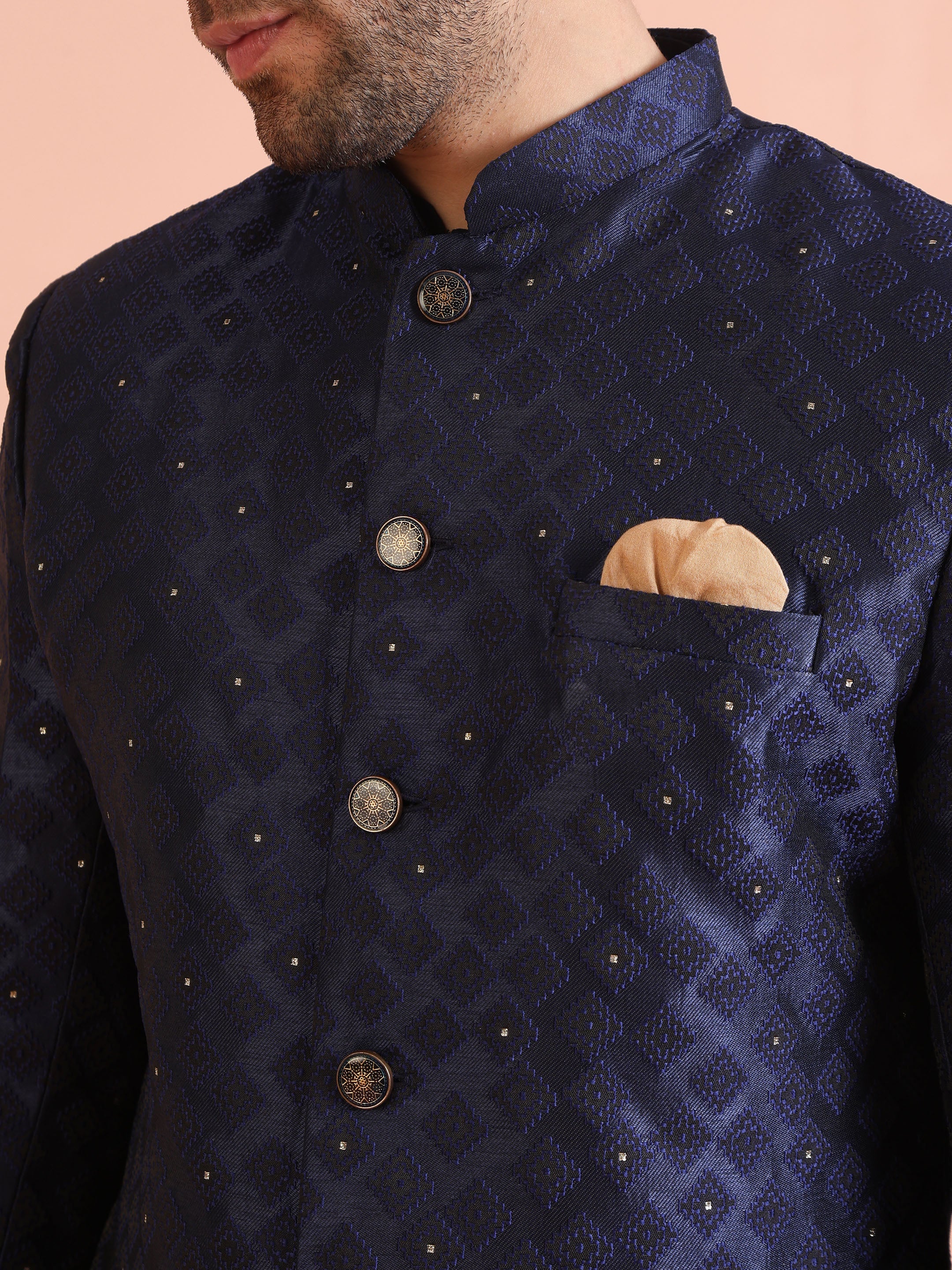 Men Navy Blue Textured Kurta Indowestern Trouser Set - Image 11