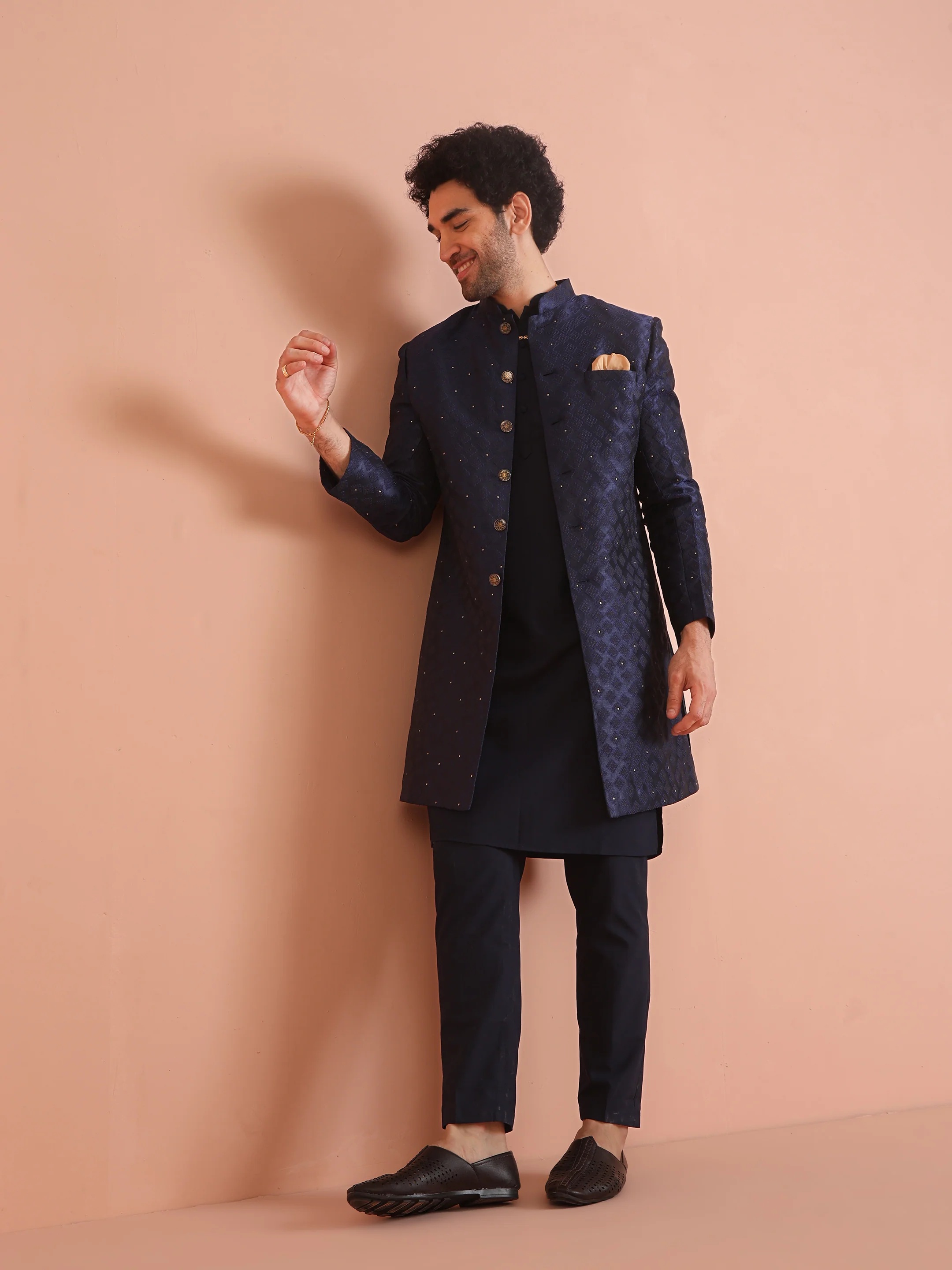 Men Navy Blue Textured Kurta Indowestern Trouser Set - Image 2