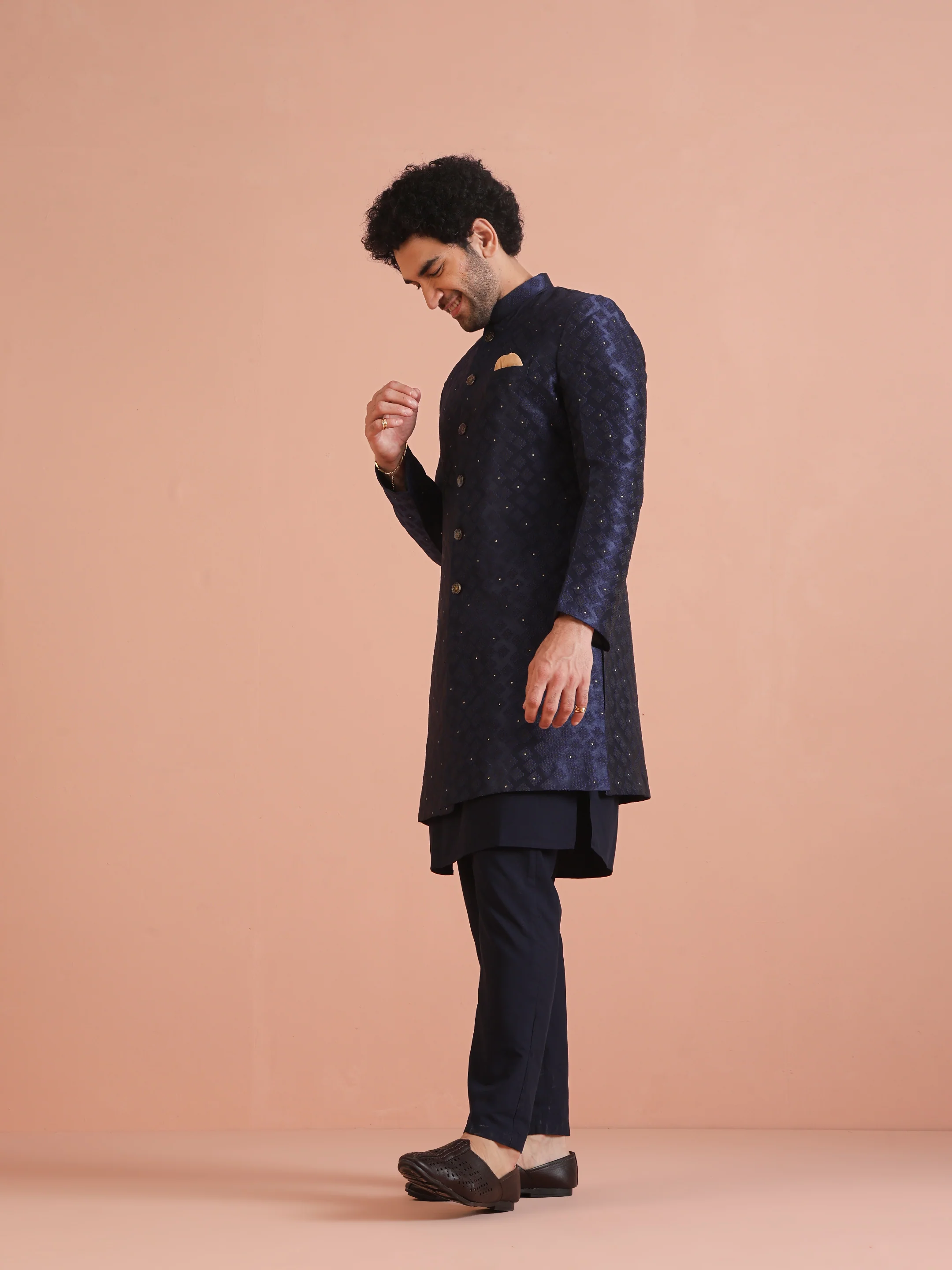 Men Navy Blue Textured Kurta Indowestern Trouser Set - Image 3