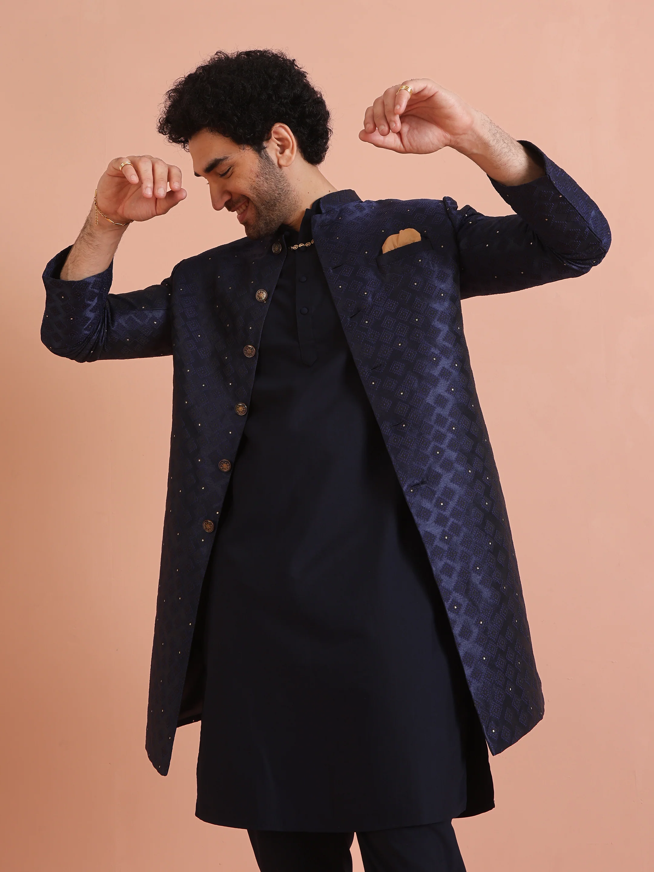 Men Navy Blue Textured Kurta Indowestern Trouser Set - Image 8