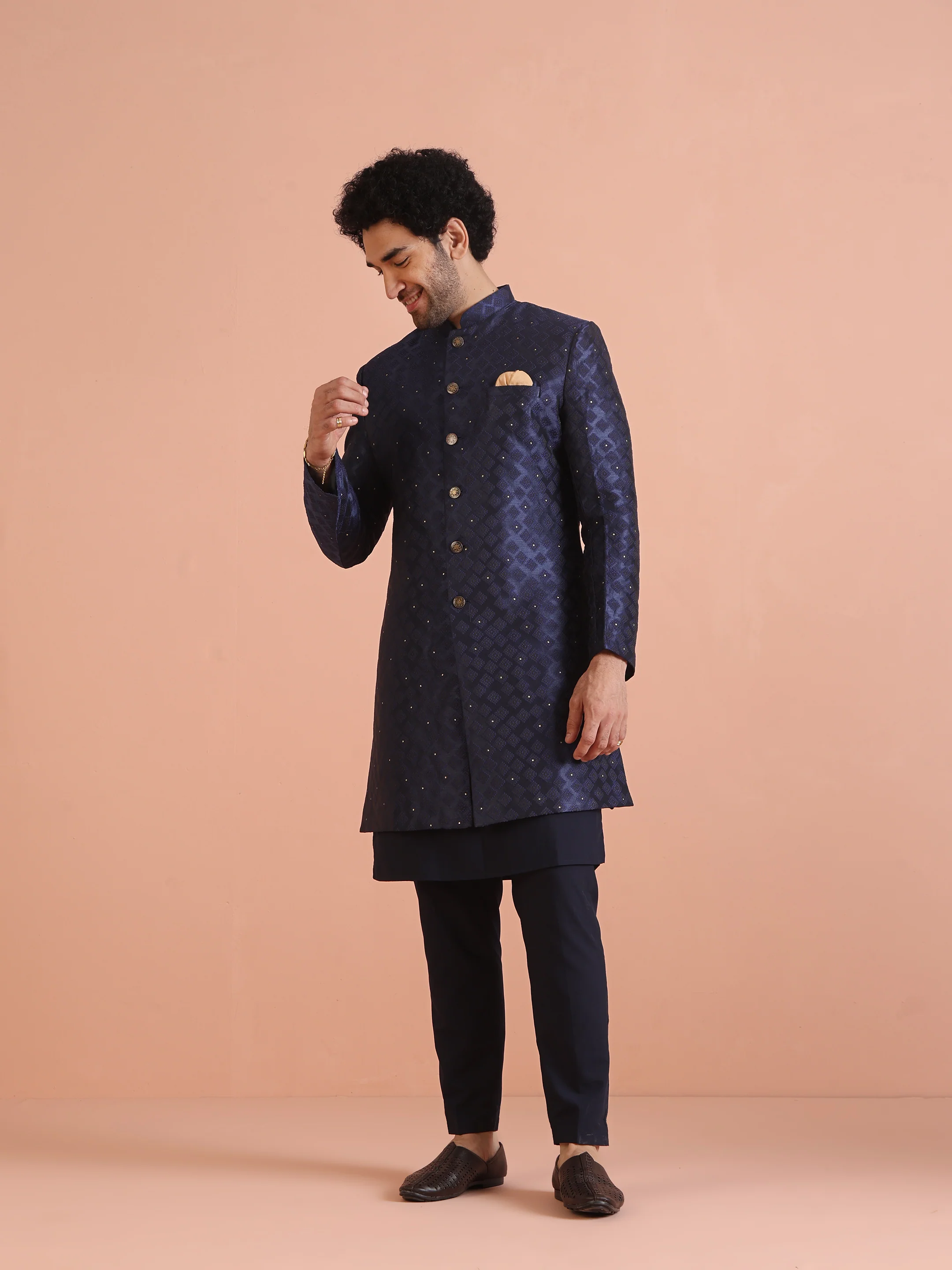 Men Navy Blue Textured Kurta Indowestern Trouser Set - Image 9