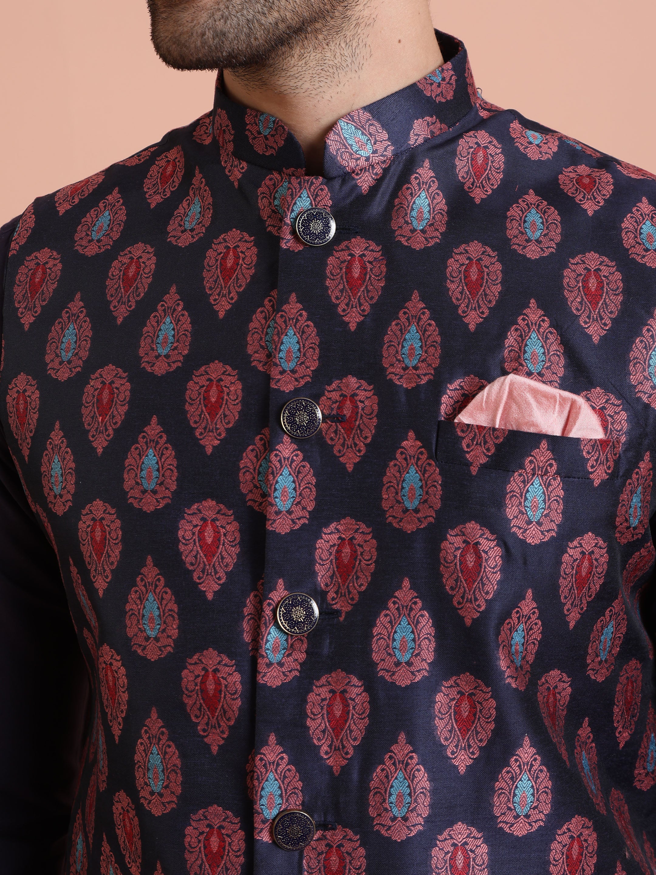 Kisah Men's Blue Woven Design Nehru Jacket - Image 2