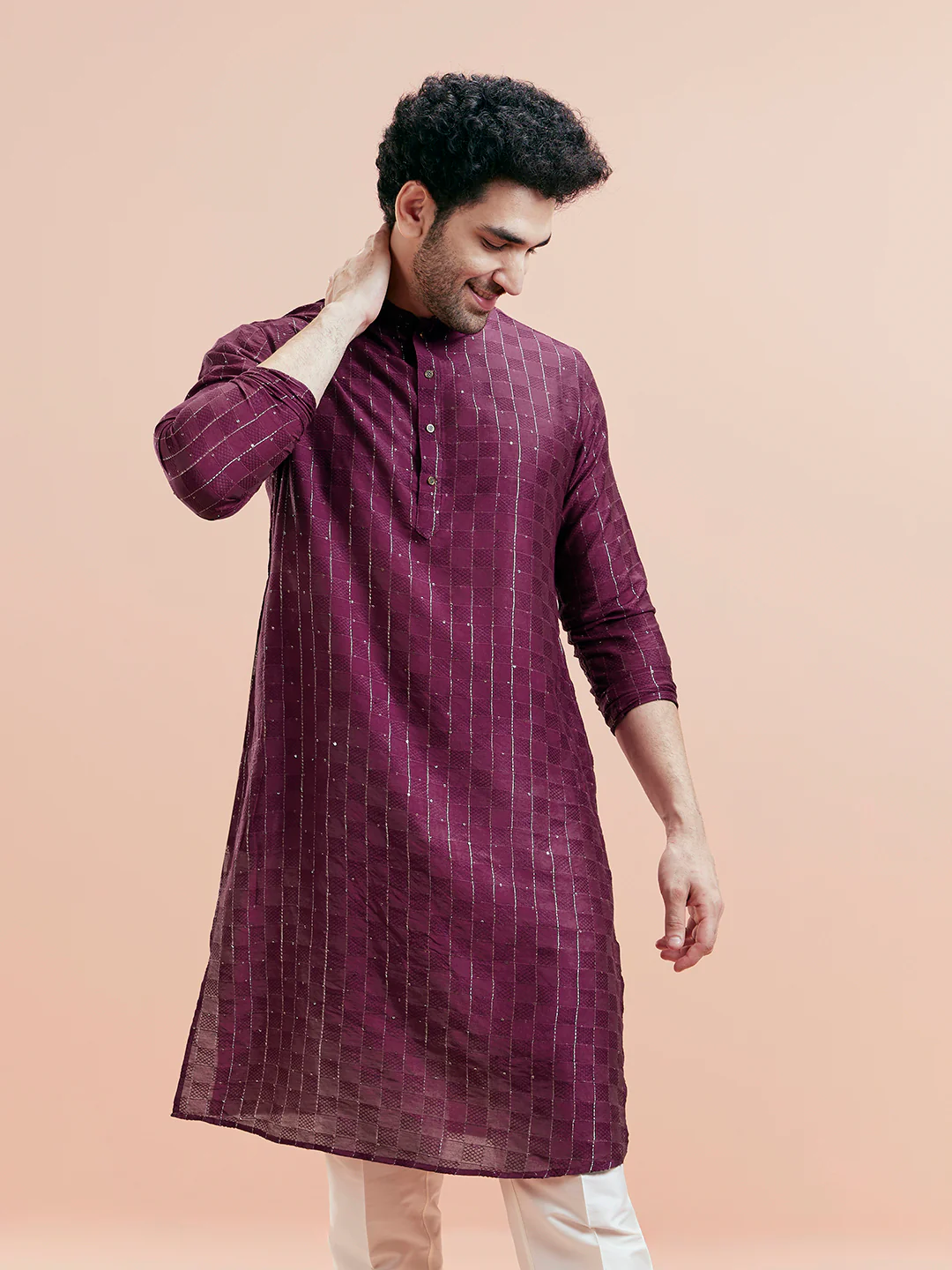 Wine Textured Sequinned Silk Blend Kurta - Image 6