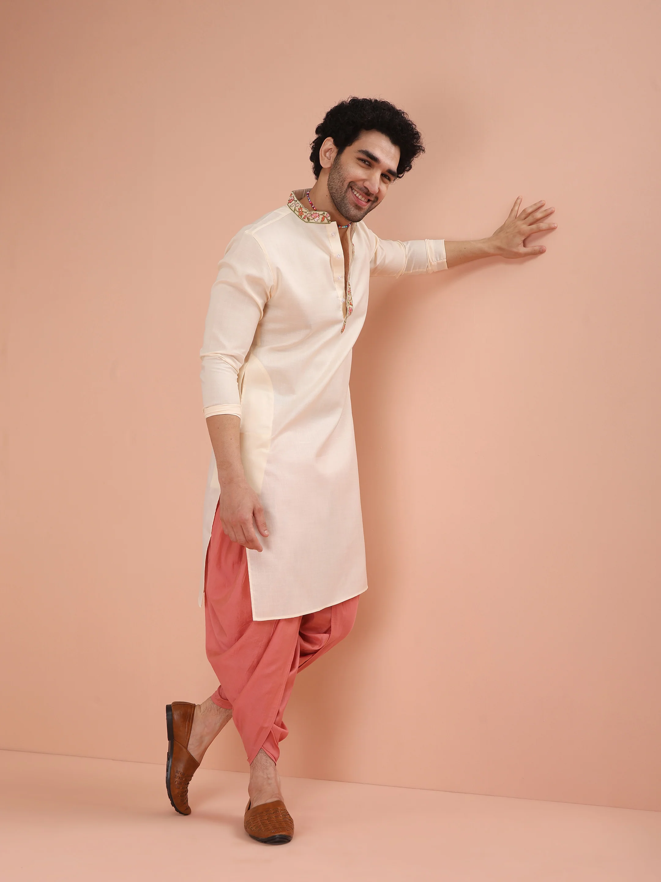 Cream Embroidered Kurta Dhoti Set
